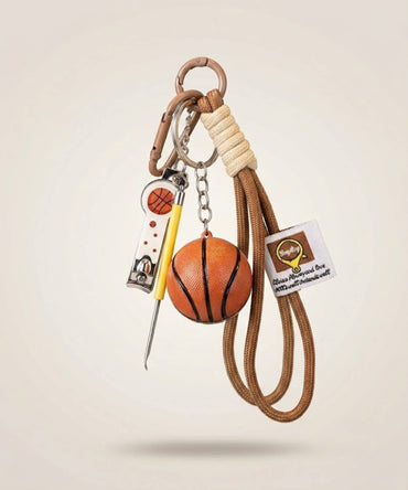 Basketball rope keychain with basketball charm, mini tool and brown rope strap