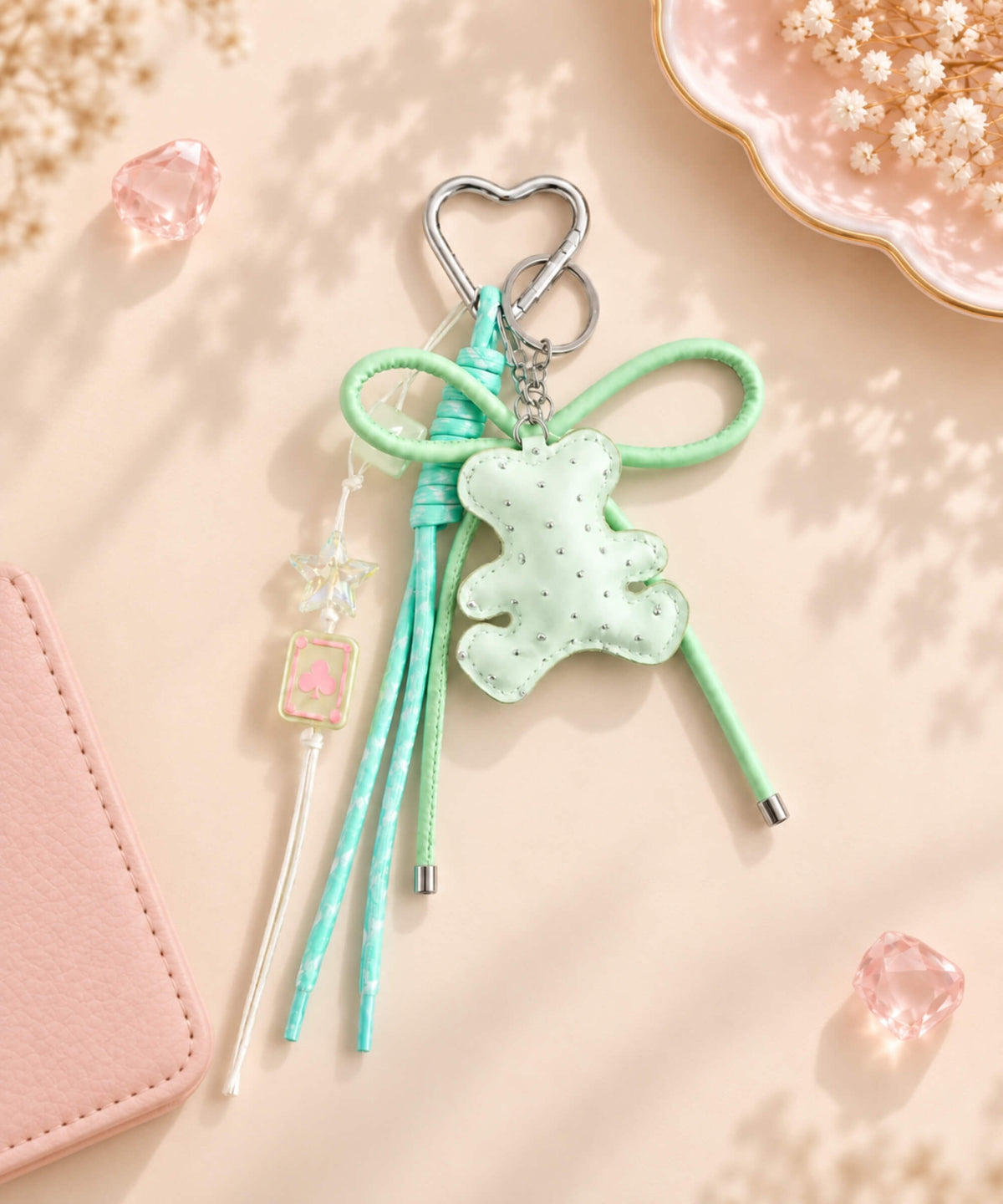 Mint green bear PU leather bag charm keychain with sparkle details, star charm and matching straps