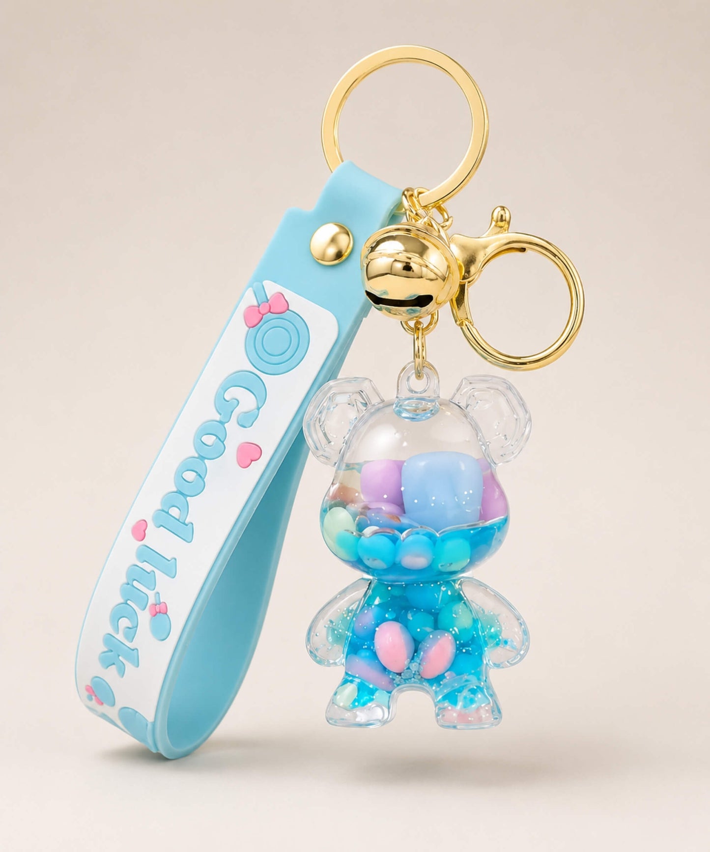 Blue bear floating shaker keychain with pastel beads and blue strap