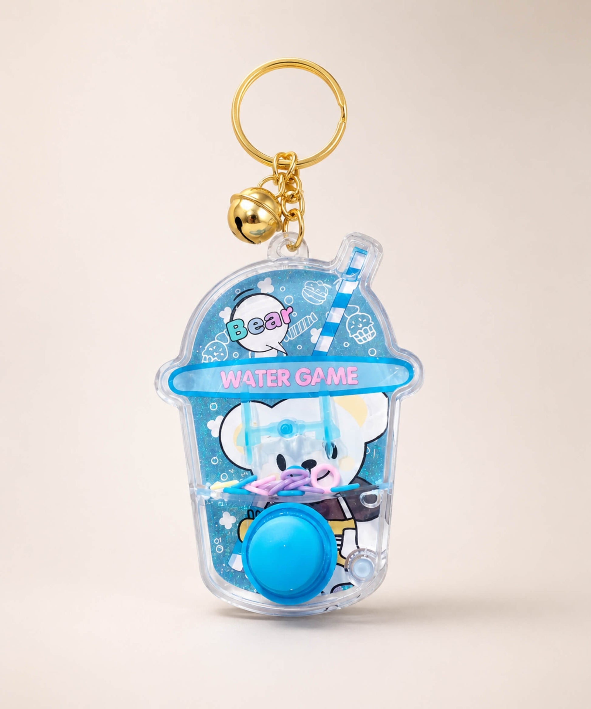 Blue bear water ring game keychain with button and gold bell
