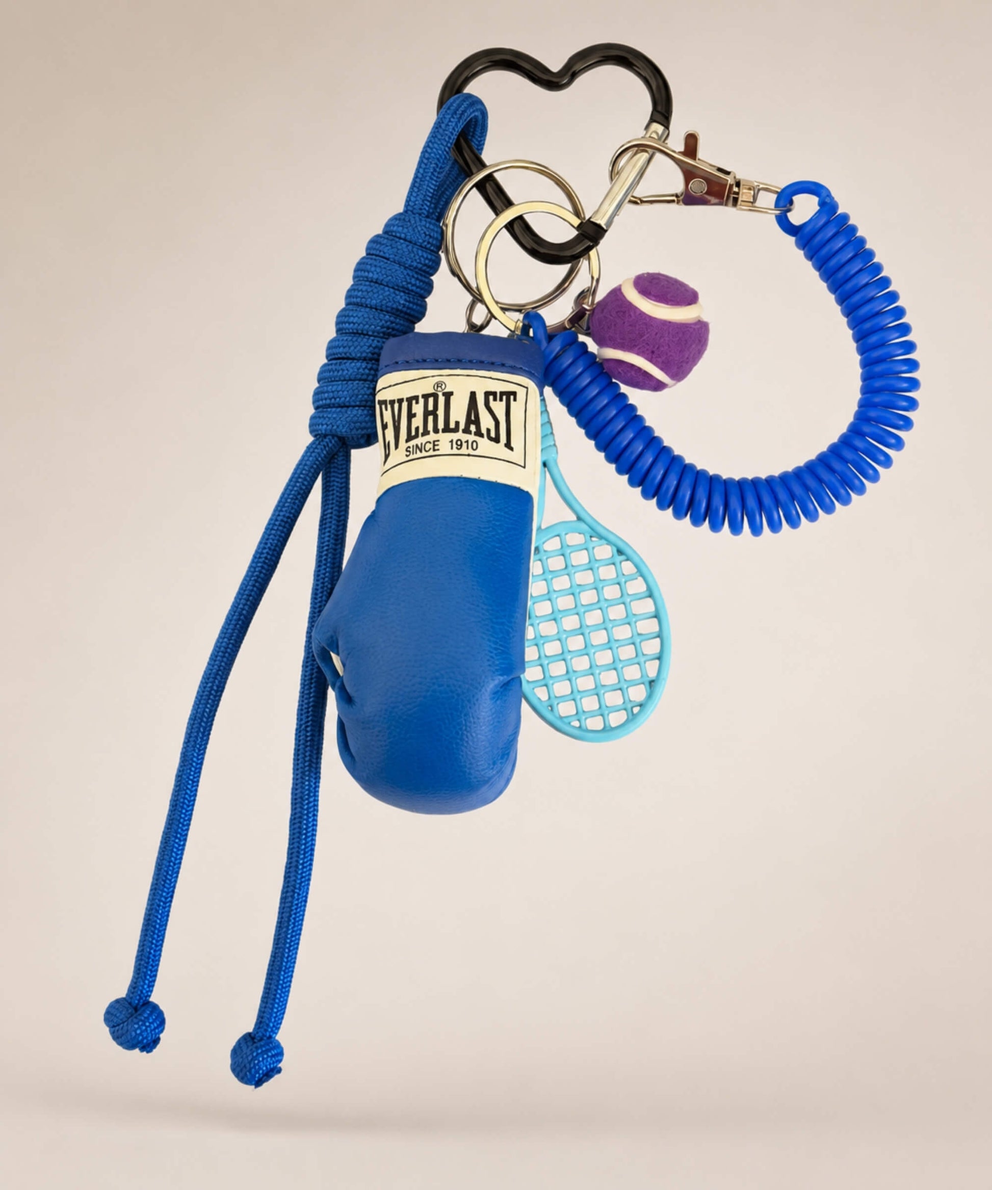 Blue boxing glove and tennis rope keychain with tennis racket and purple tennis ball charm