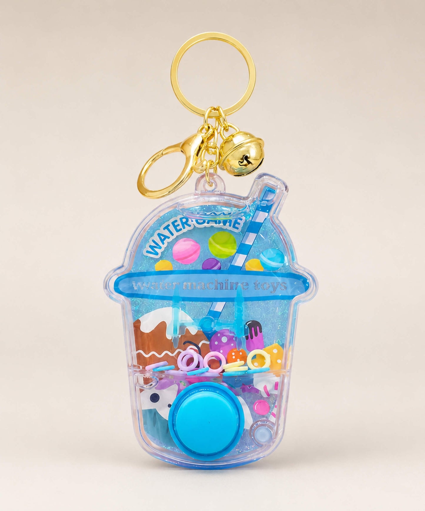 Blue ice cream water ring game keychain with button and gold bell
