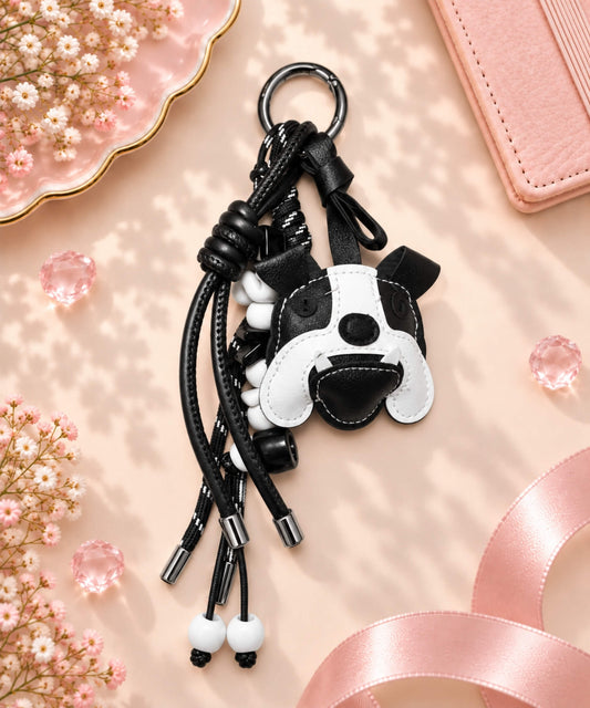 Black and white bulldog dog PU leather bag charm keychain styled on a soft pink background