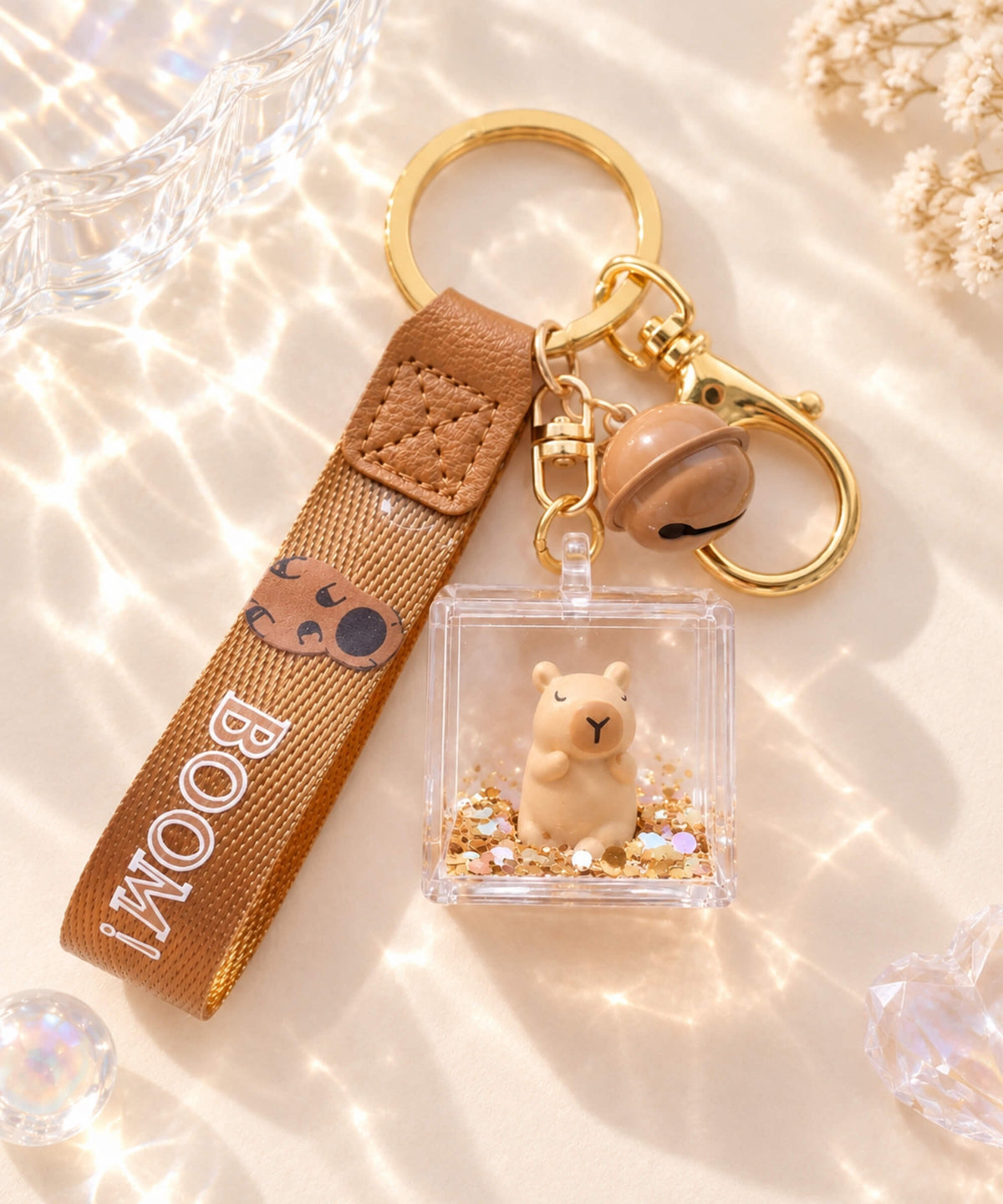 Capybara liquid shaker keychain with clear square acrylic charm, floating glitter, brown wrist strap, bell and gold-tone hardware