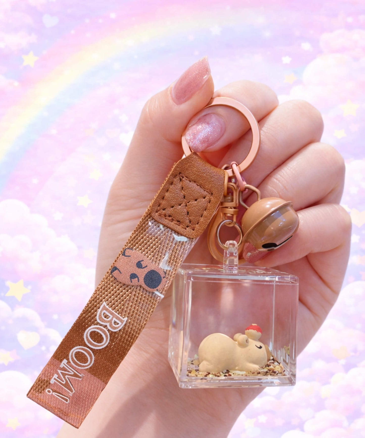 Cute capybara liquid shaker keychain in acrylic cube held in hand, floating glitter bag charm with pastel rainbow background