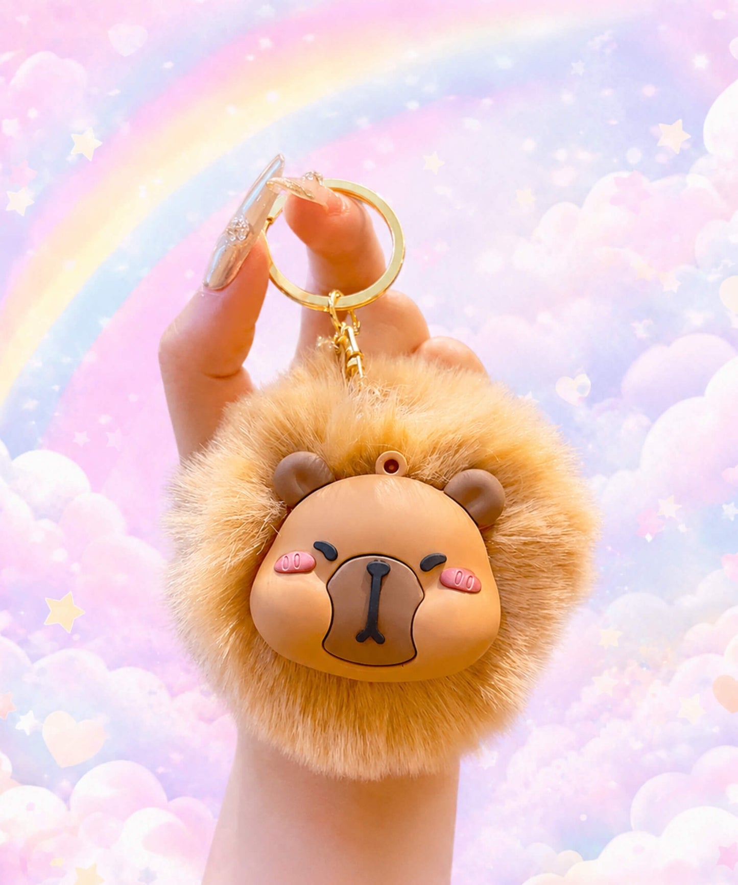 Capybara plush keychain held in hand with rainbow background