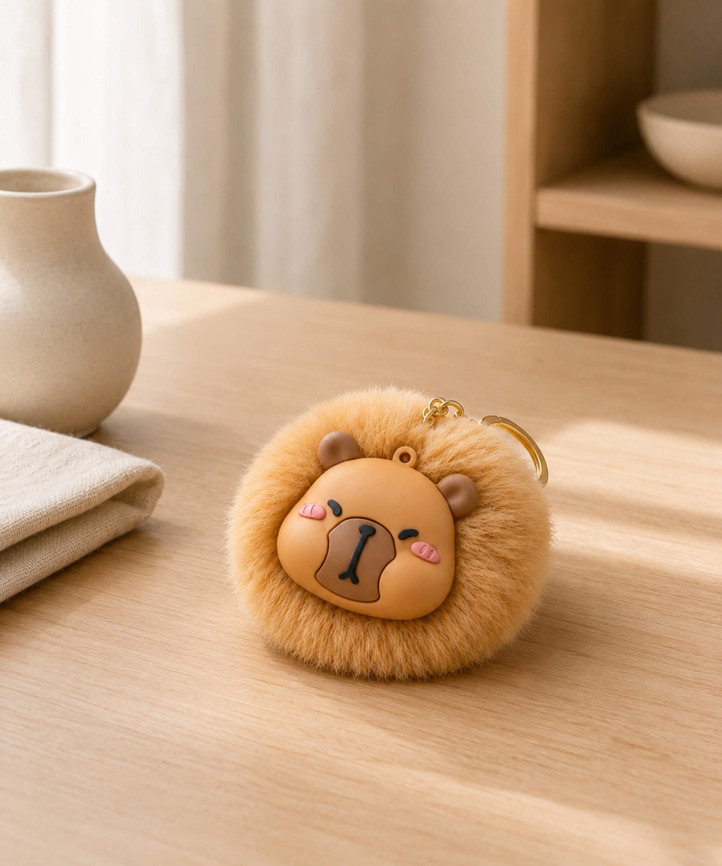 Cute capybara plush keychain on wooden table