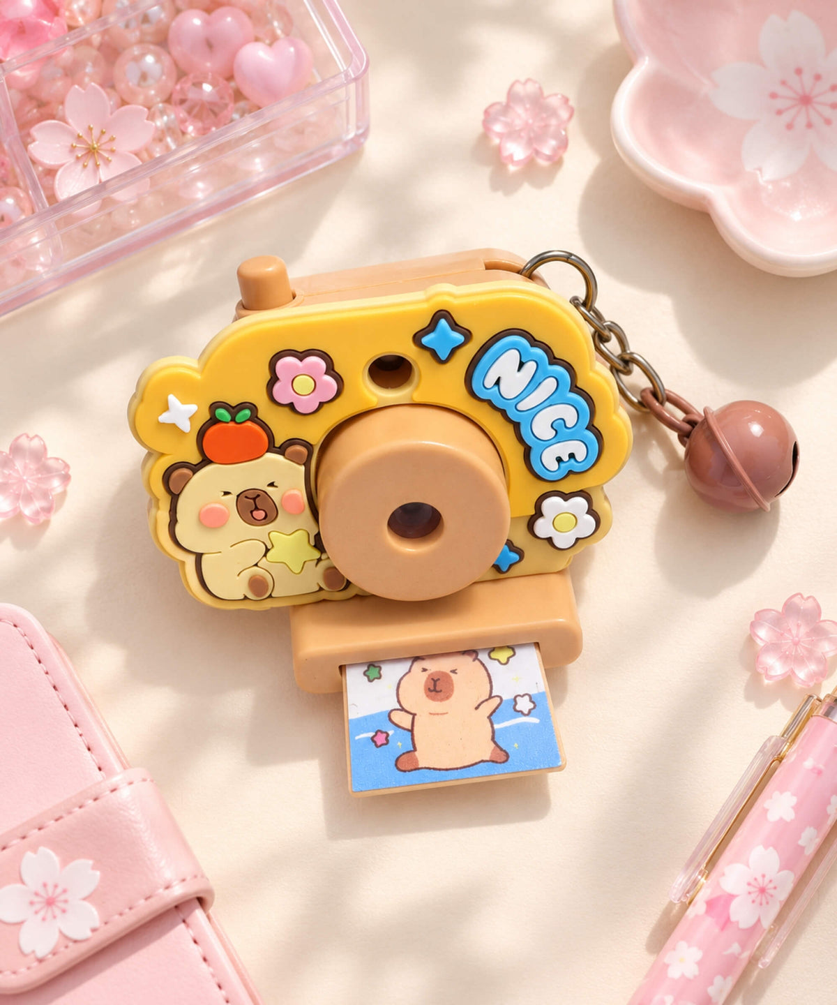 Capybara Projection Camera Keychain styled on a desk