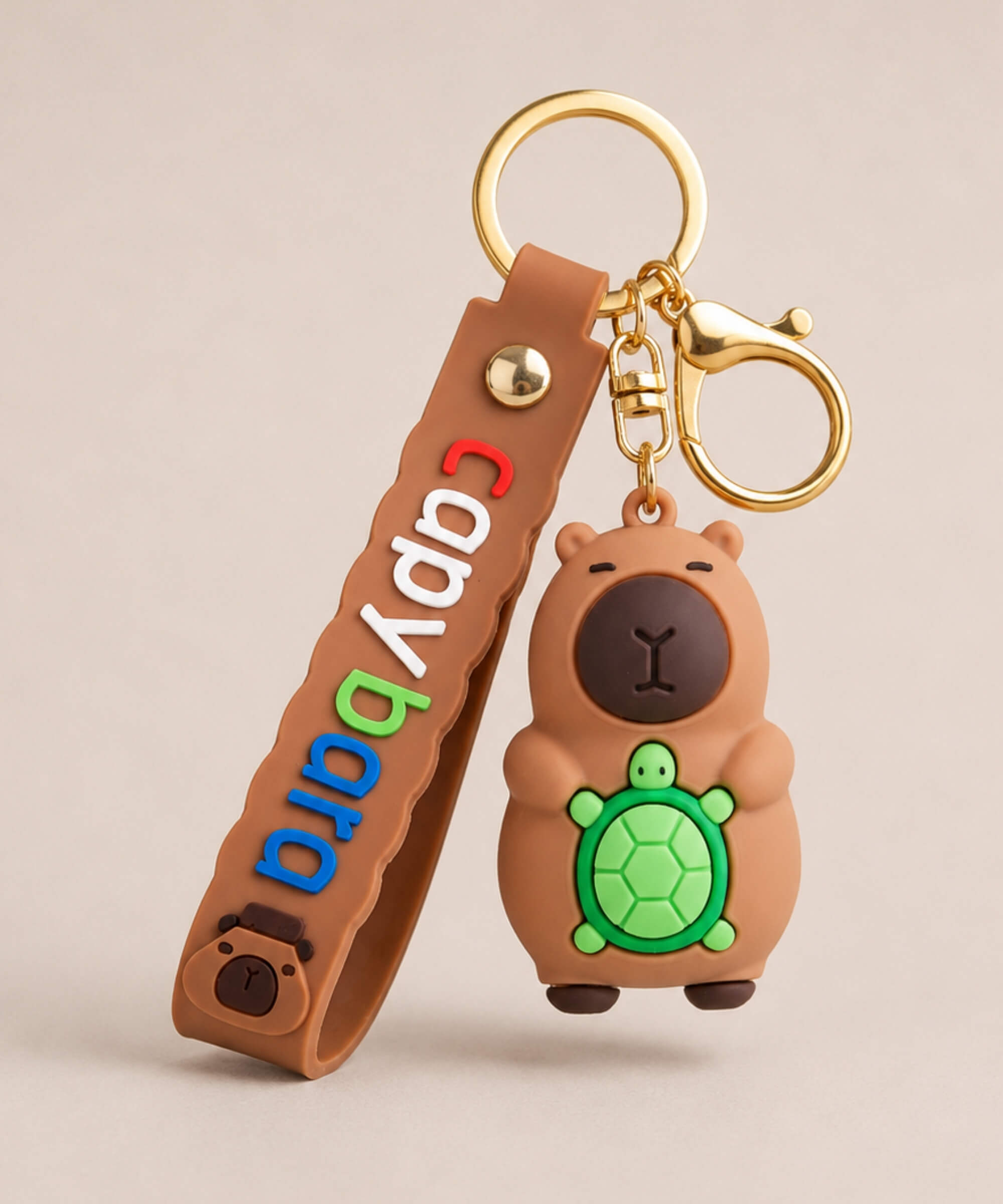Capybara turtle classic keychain with brown strap and gold hardware