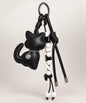 Black cat PU leather bag charm keychain with beaded cord and long hanging cord details