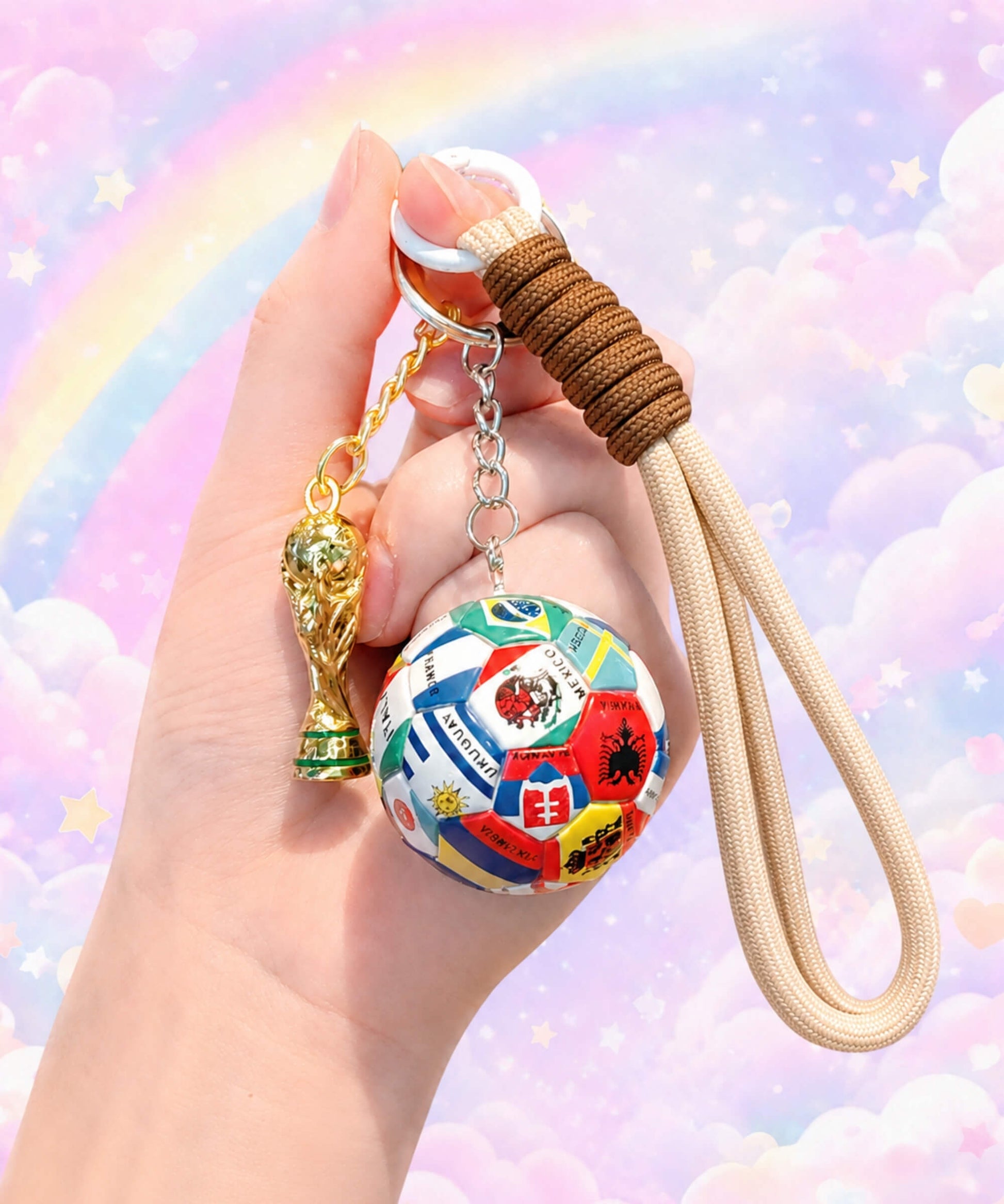 2026 World Cup inspired football keychain held by hand with trophy charm, multicolour football charm and rope strap on a pastel rainbow background