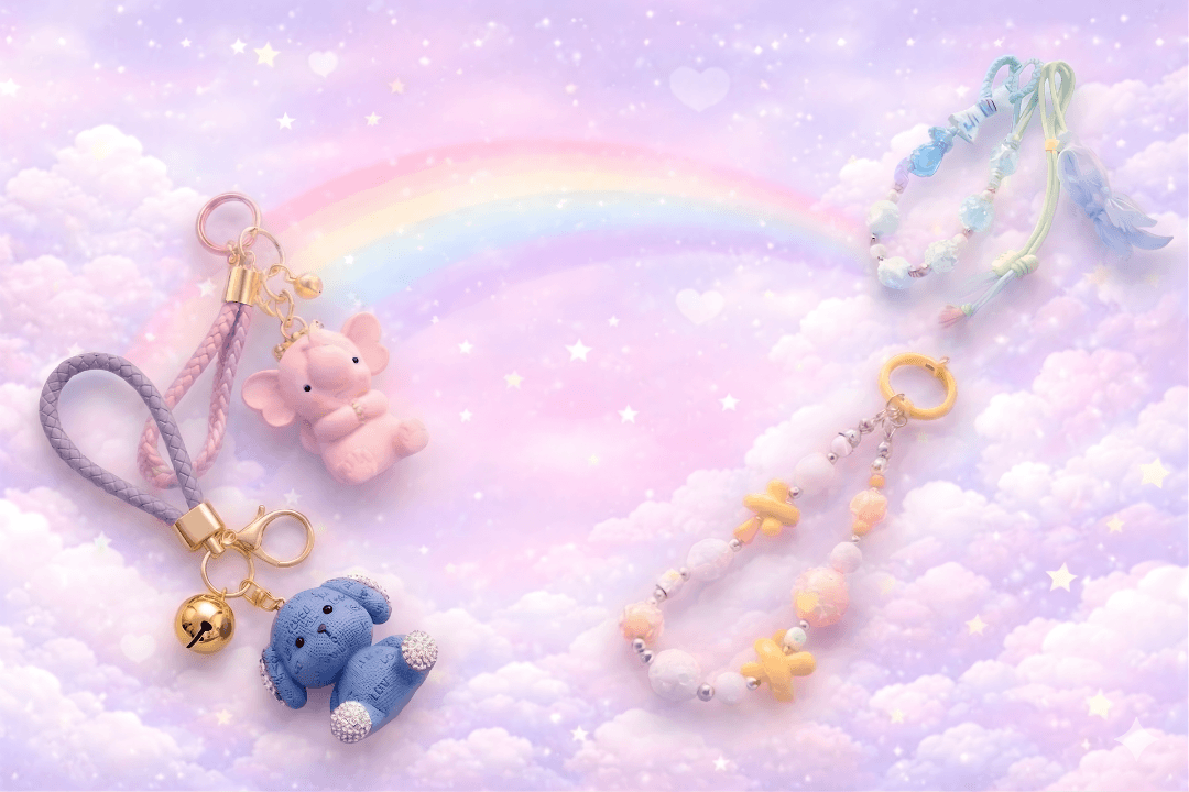 Cute pastel keychains in dreamy cloud background Charmazing brand story
