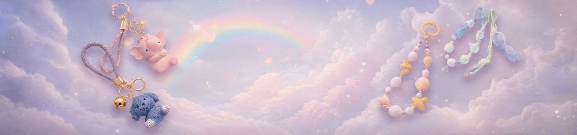 Pastel keychains floating in clouds with rainbow background Charmazing Australia