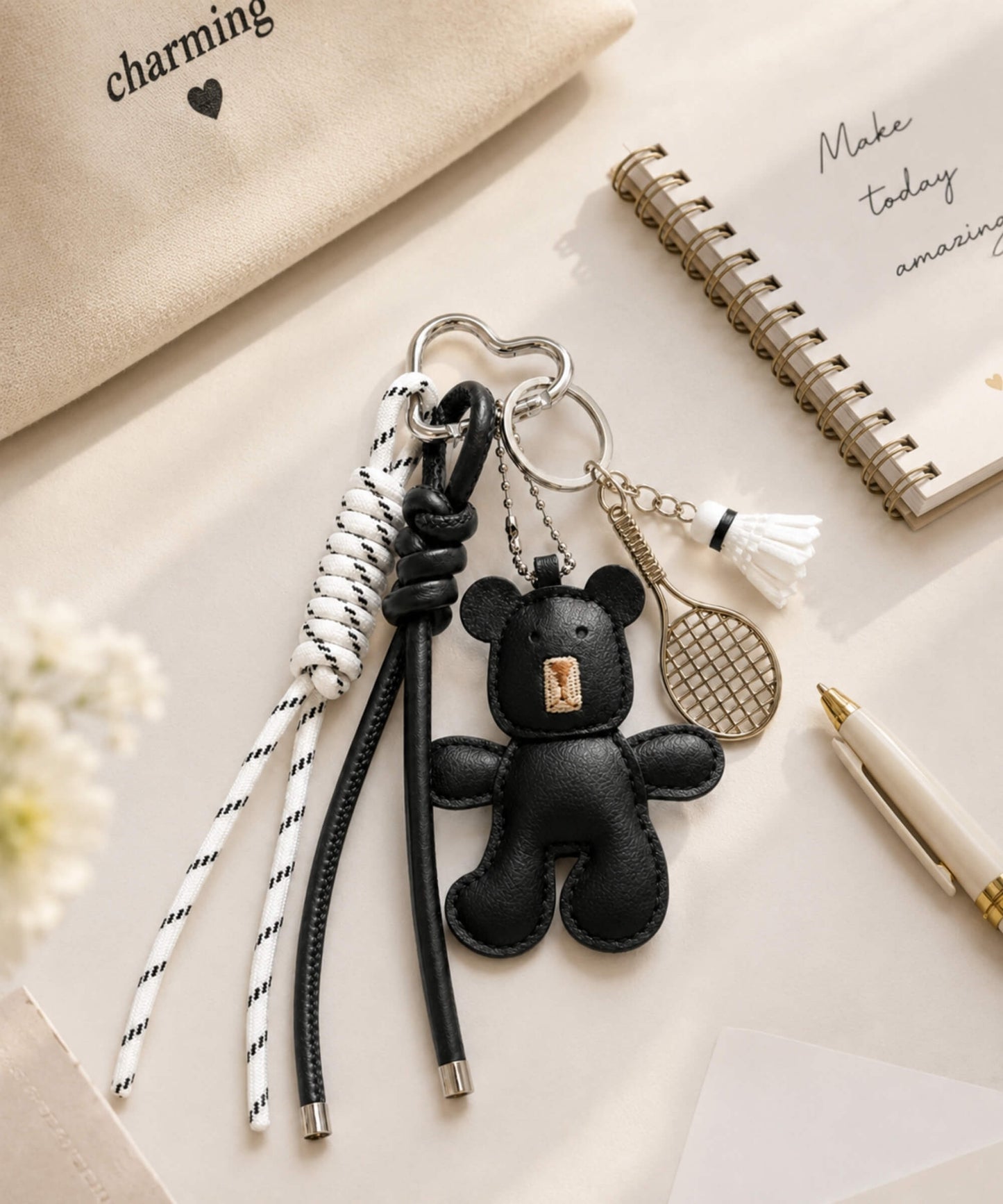 Black bear PU leather bag charm keychain with a badminton racket charm and shuttlecock charm styled in a desk flatlay setting.