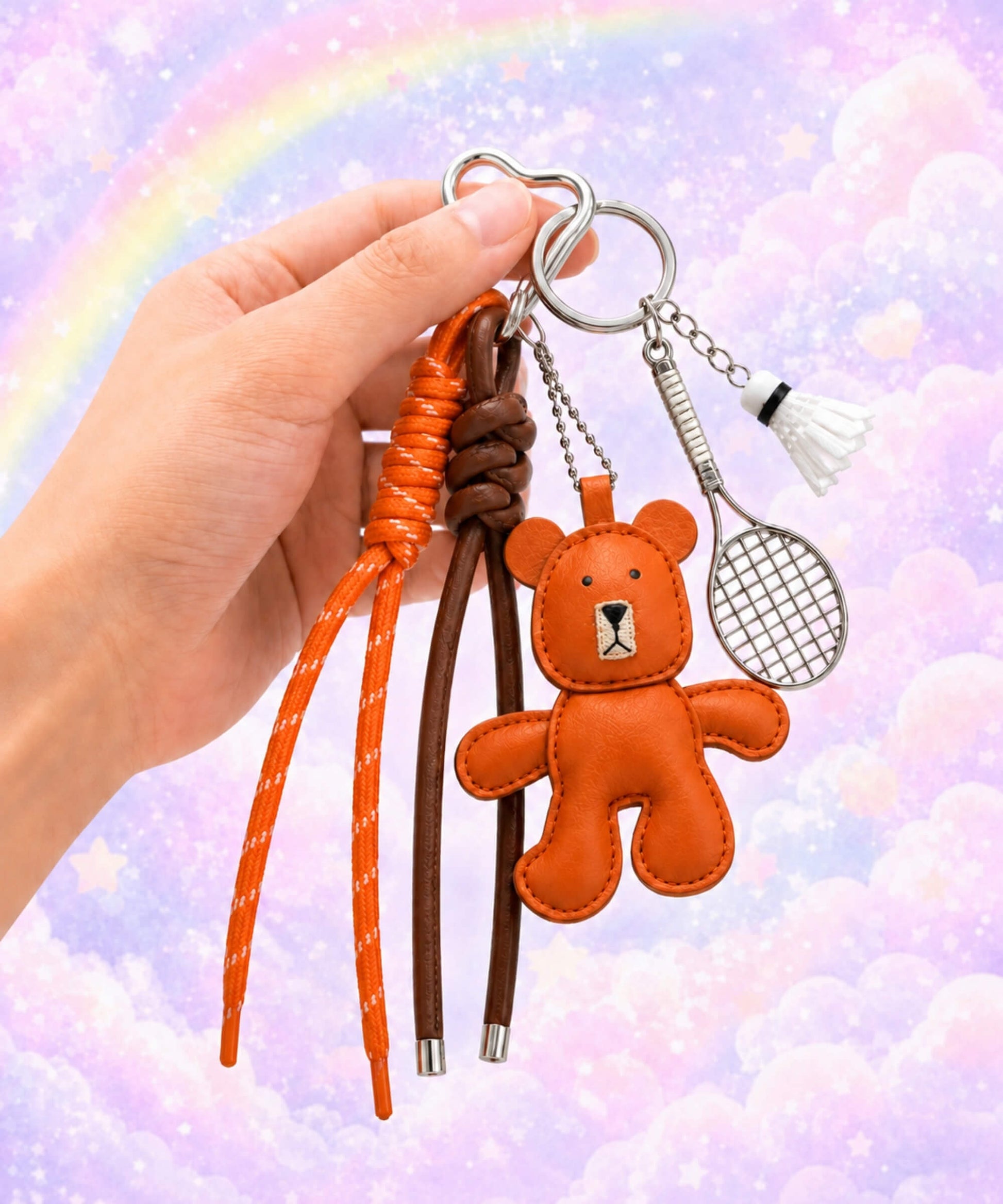 Hand holding an orange bear PU leather bag charm keychain with a badminton racket charm and shuttlecock charm against a pastel rainbow background.