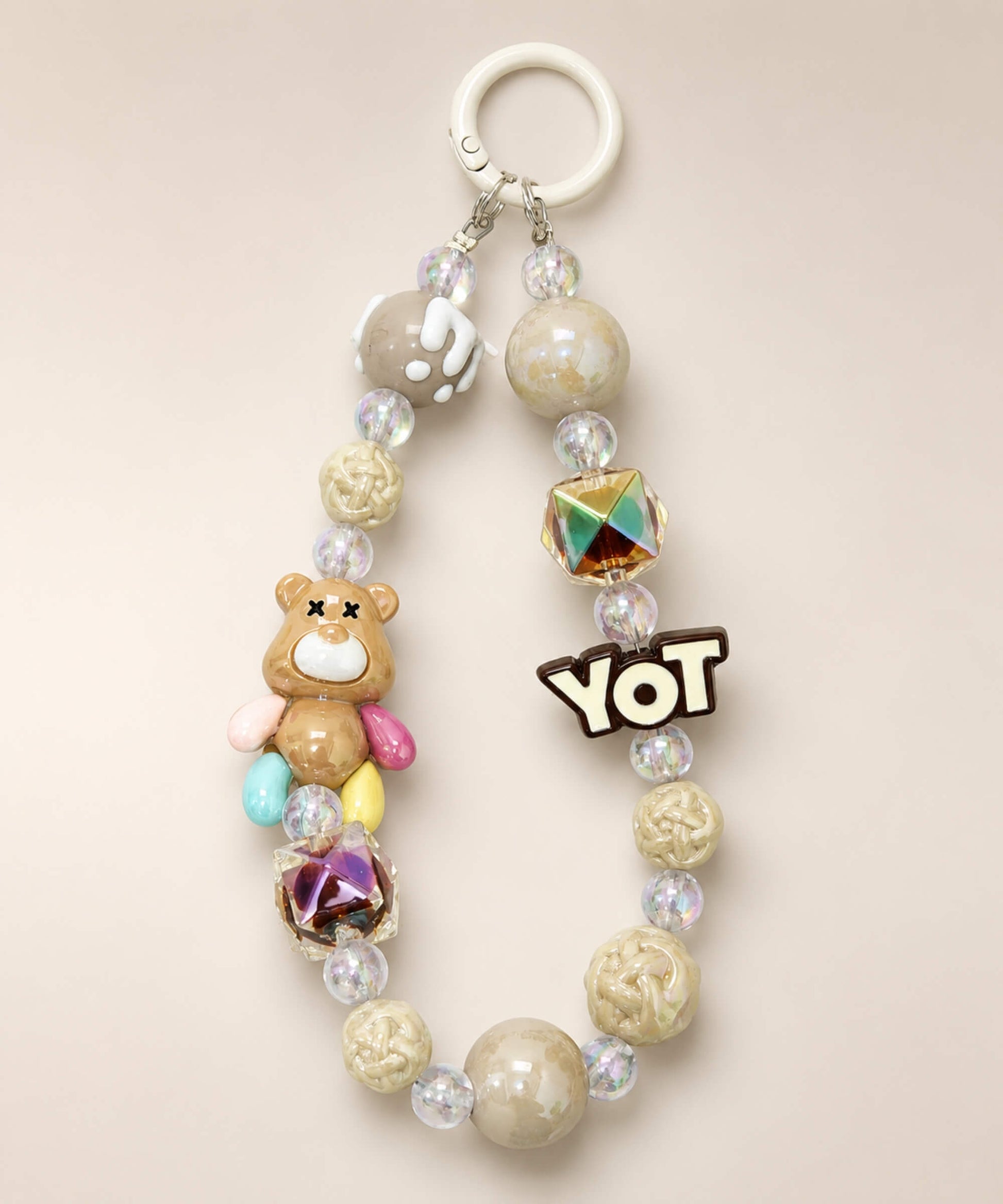 Beige bear beaded keychain with glossy beads, YOT charm and white ring