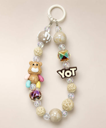 Beige bear beaded keychain with glossy beads, YOT charm and white ring