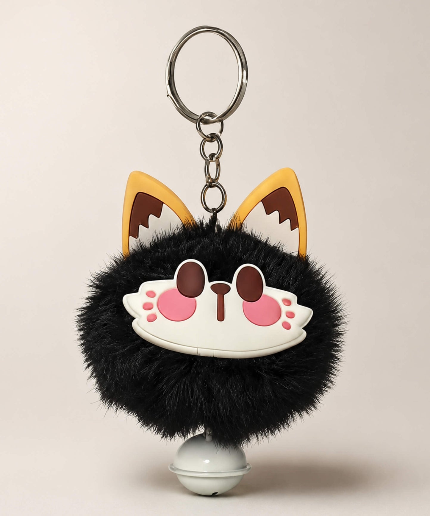 Black lucky cat bell plush keychain with fluffy cat face charm and grey bell