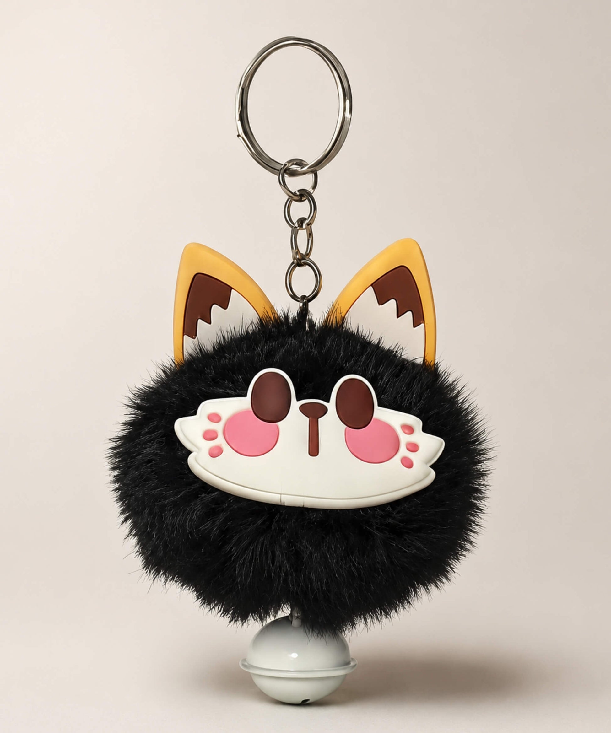 Black lucky cat bell plush keychain with fluffy cat face charm and grey bell