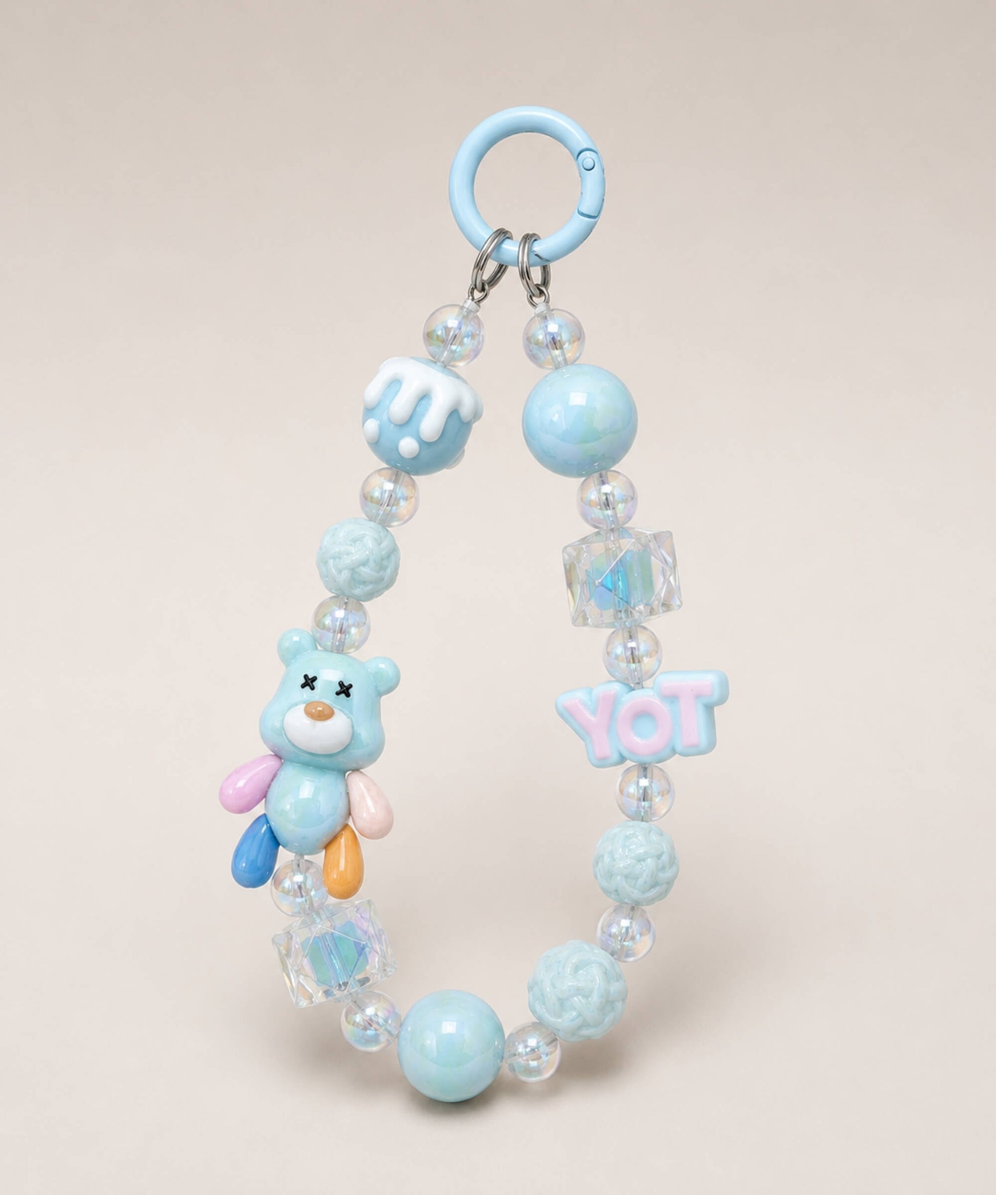 Blue bear beaded keychain with glossy beads, YOT charm and blue ring