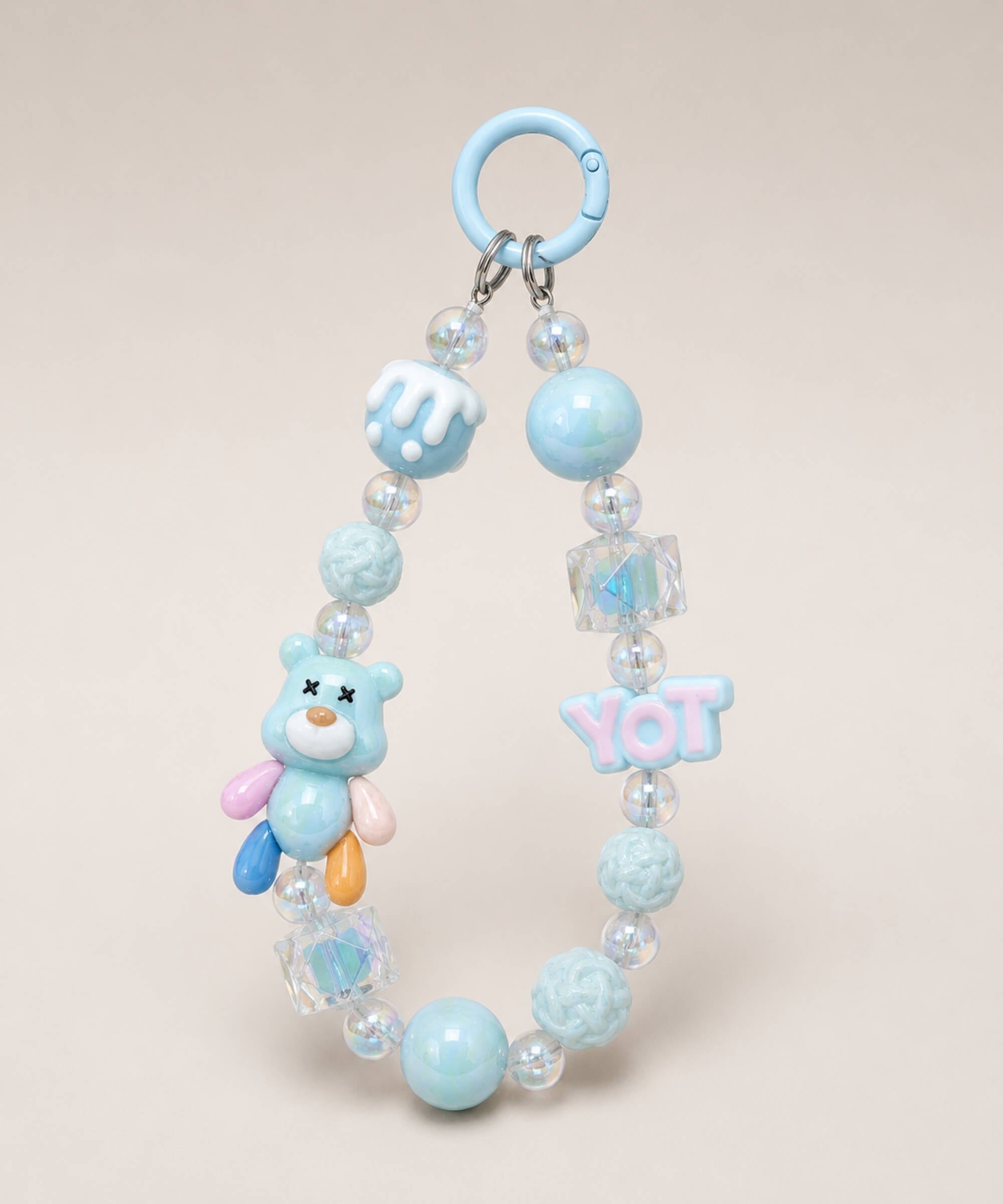 Blue bear beaded keychain with glossy beads, YOT charm and blue ring