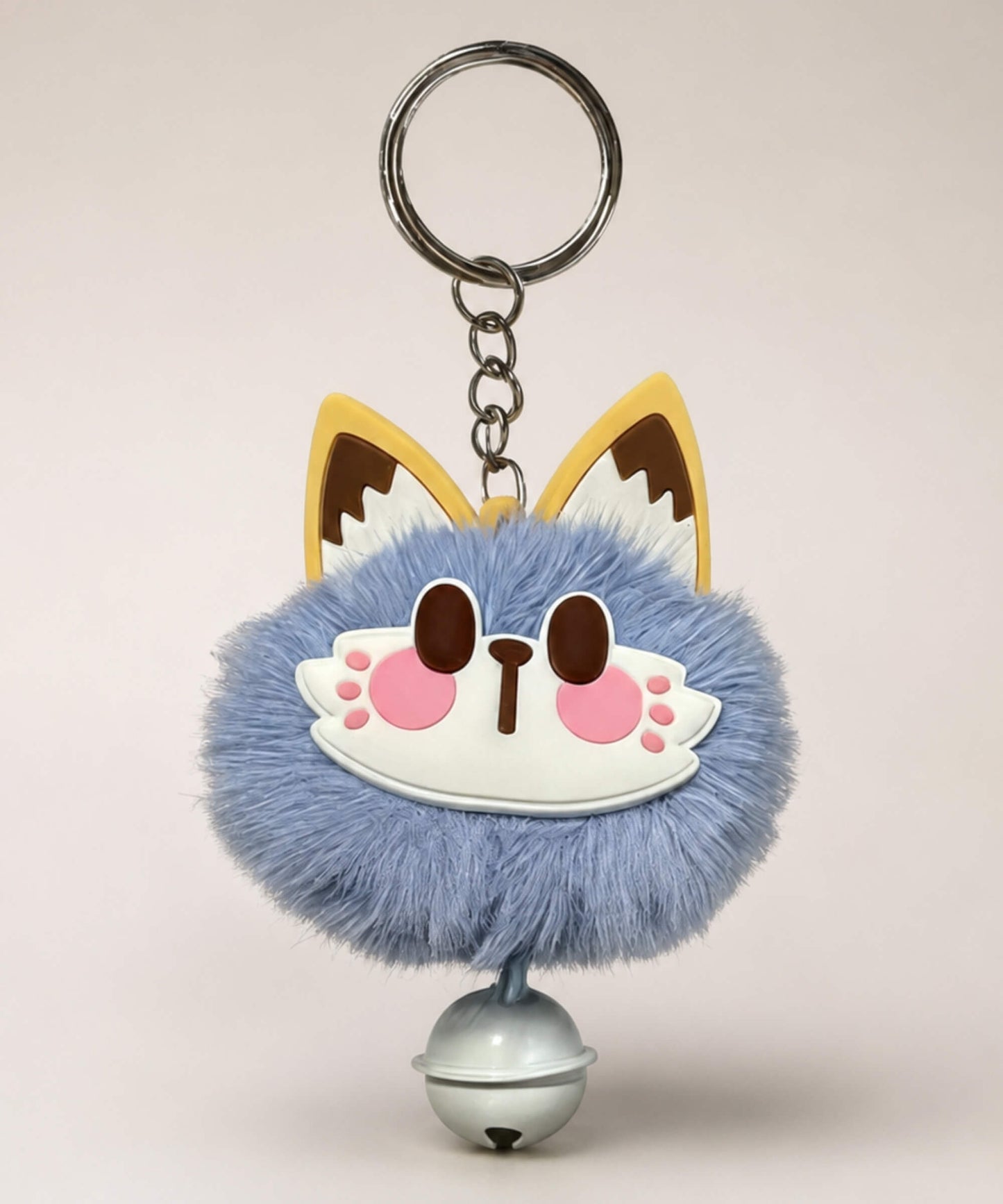 Blue lucky cat bell plush keychain with fluffy cat face charm and grey bell
