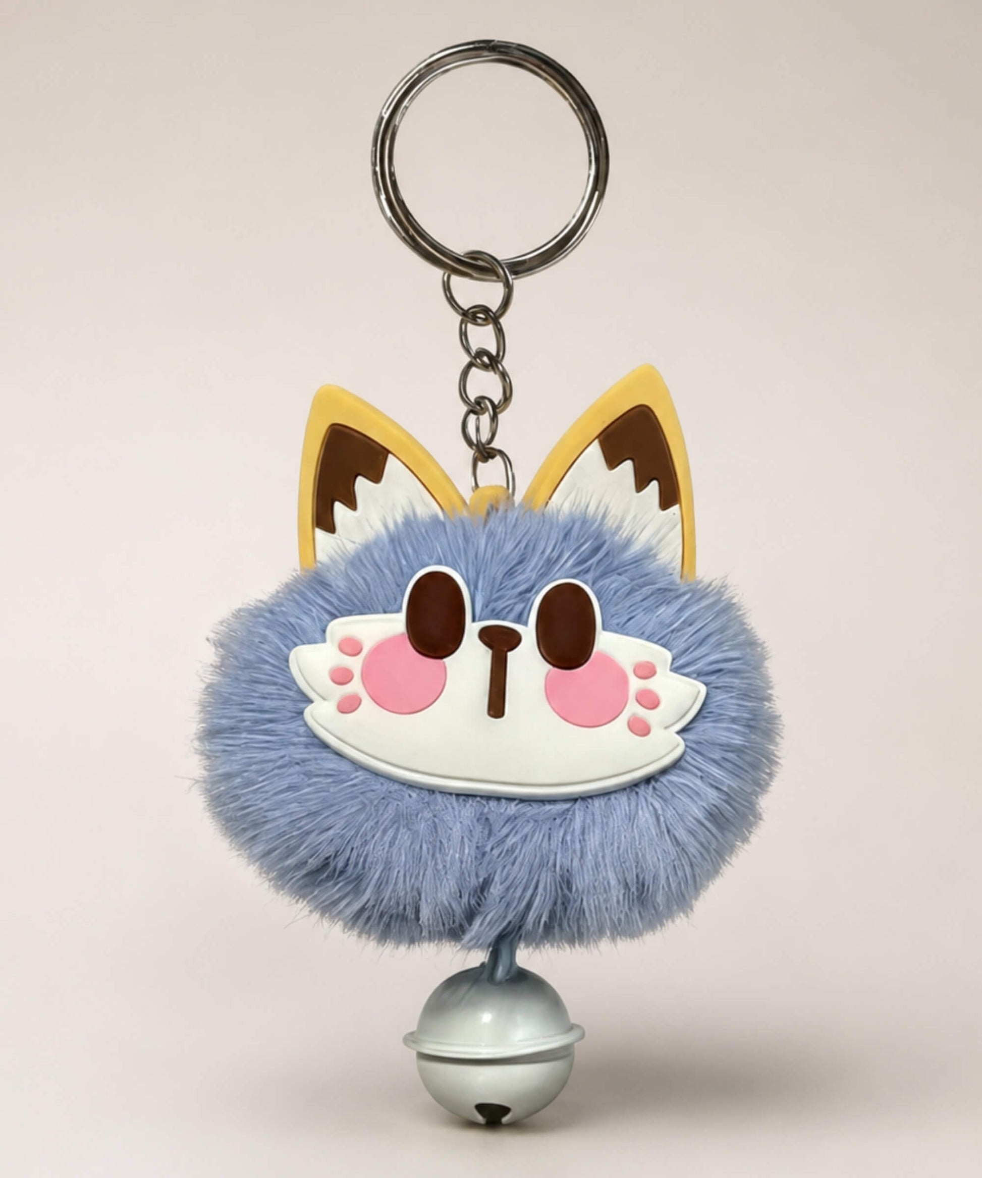 Blue lucky cat bell plush keychain with fluffy cat face charm and grey bell