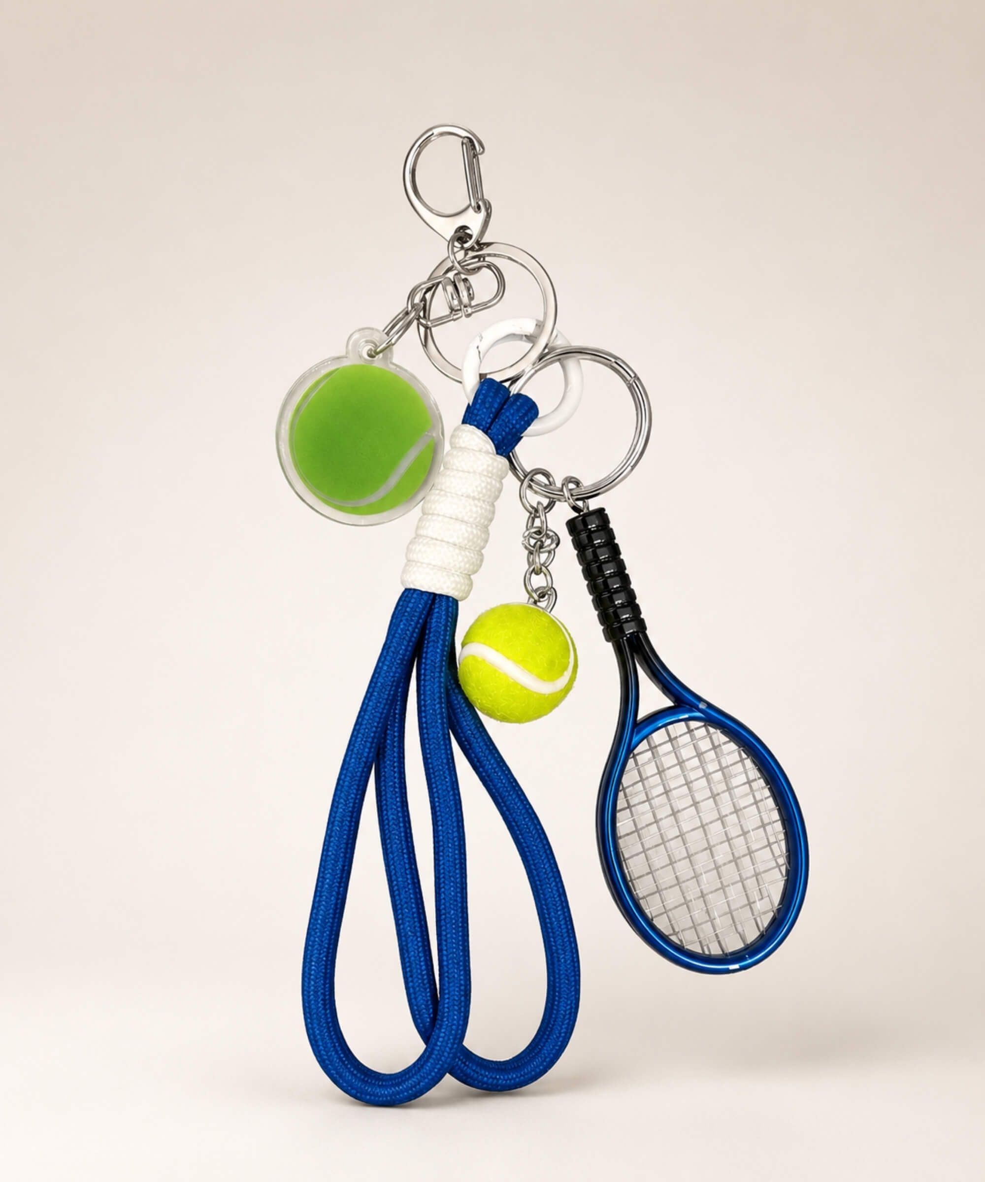 Blue tennis charm set rope keychain with mini racket, tennis ball charms and rope strap