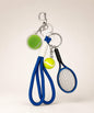 Blue tennis charm set rope keychain with mini racket, tennis ball charms and rope strap