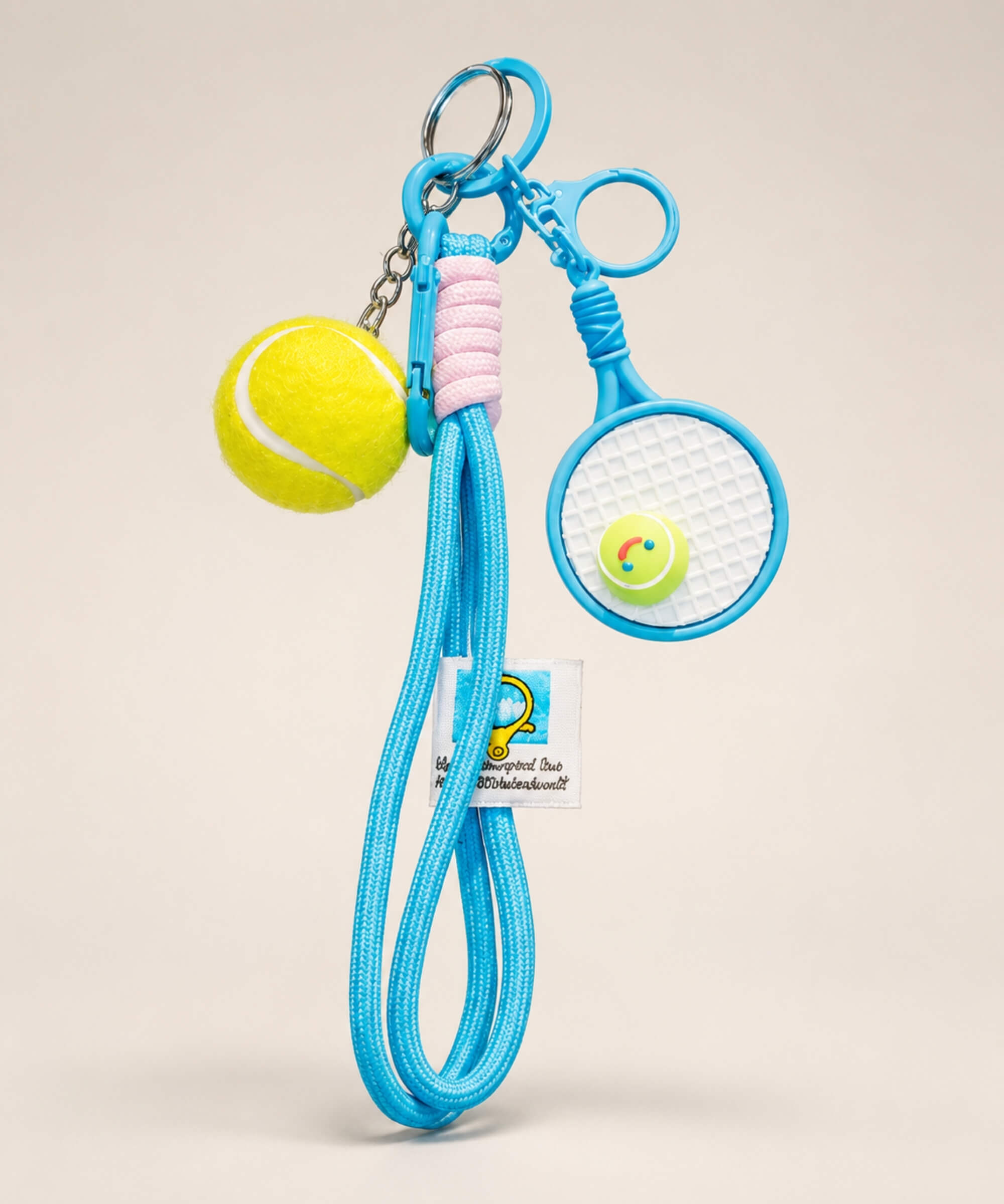 Blue tennis racket rope keychain with tennis ball charm and long cord strap