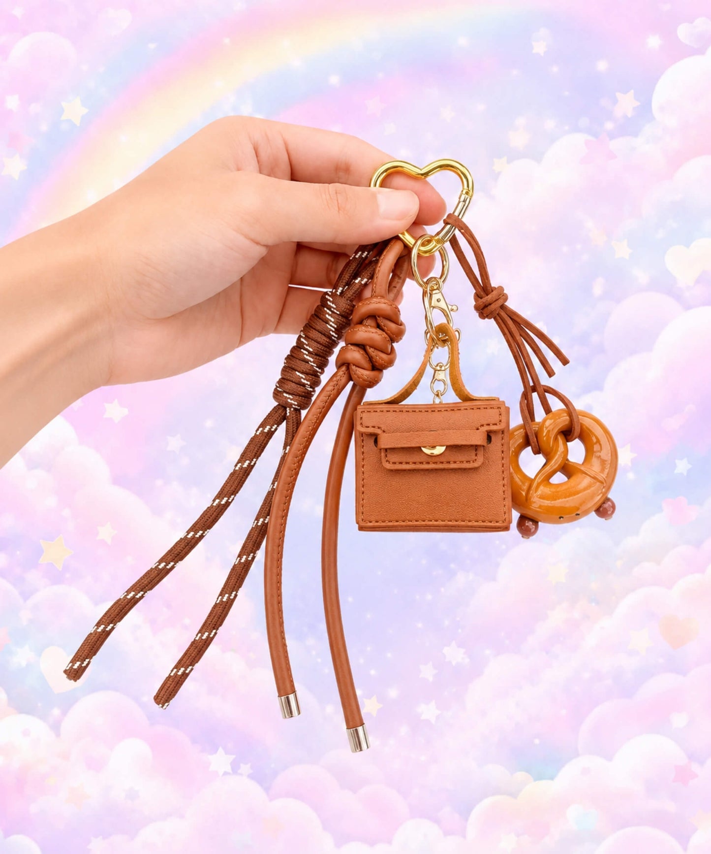 Brown mini PU leather coin purse keychain held by hand with pretzel charm, heart carabiner and rope straps on a pastel rainbow background