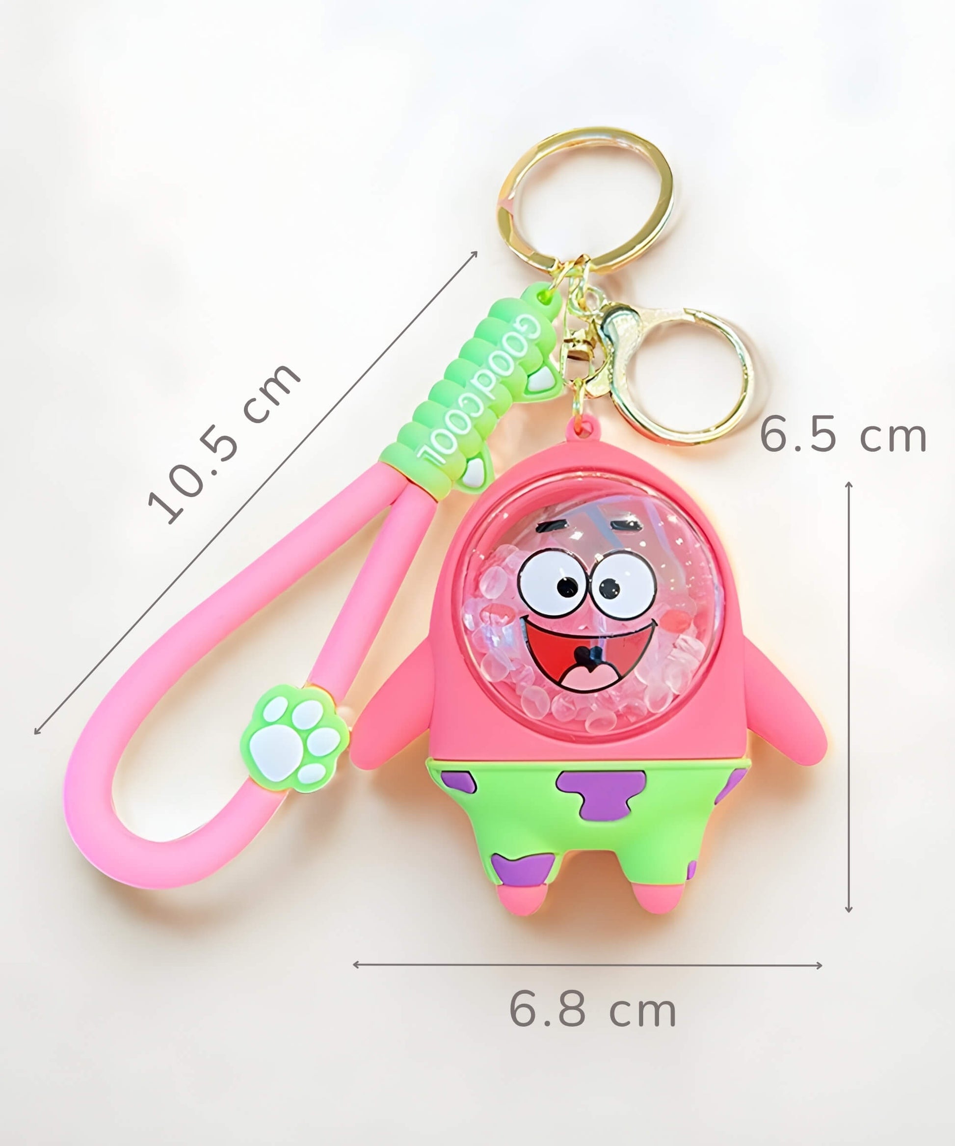 Bubble bead keychain size guide with strap and charm dimensions