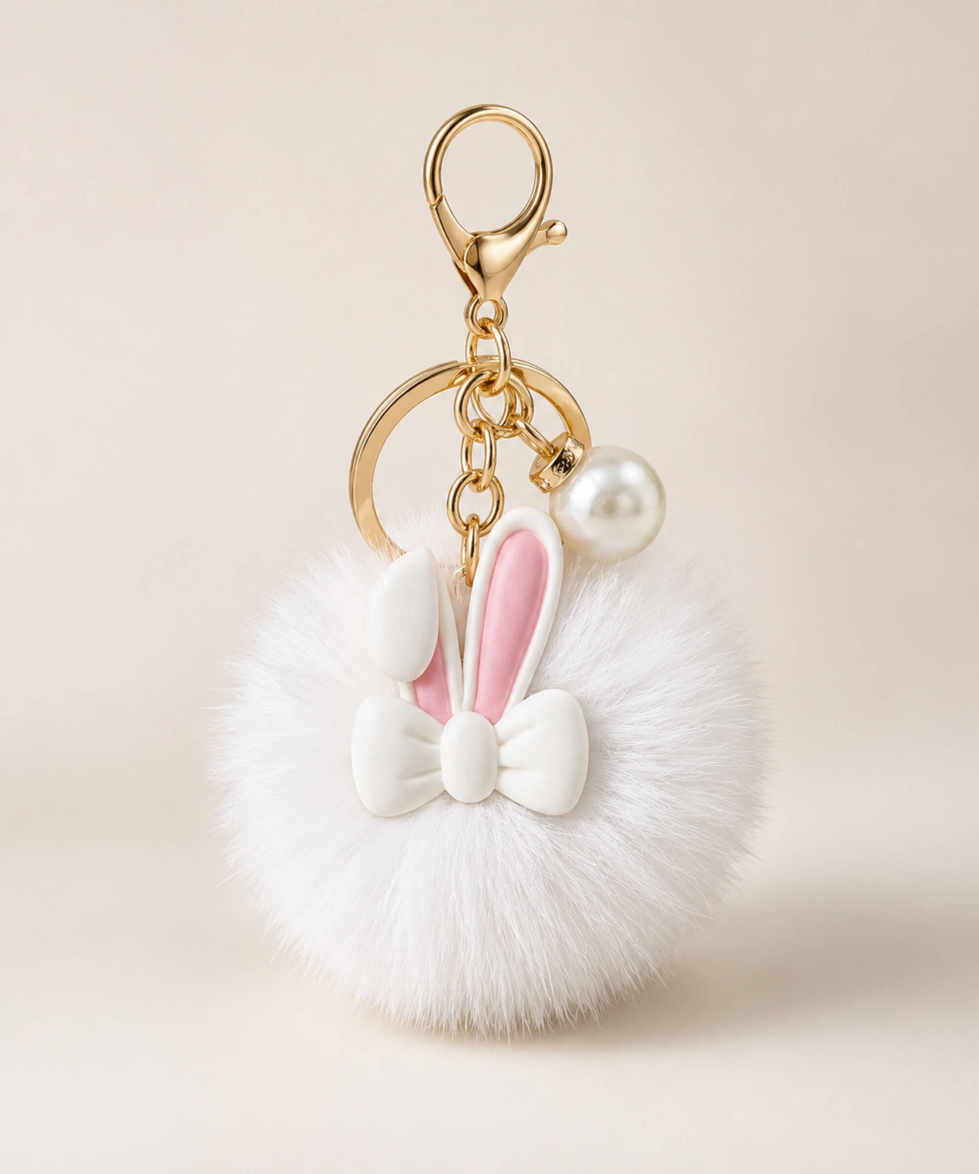 Bunny pom pom plush keychain with white fluffy body, pink bunny ears, bow detail, pearl charm and gold hardware