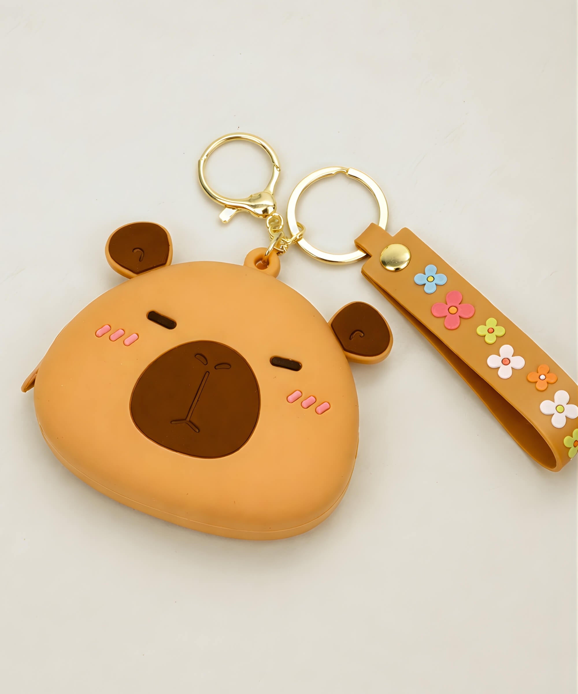 Capybara classic silicone coin purse keychain variant side angle view, cute mini wallet bag charm