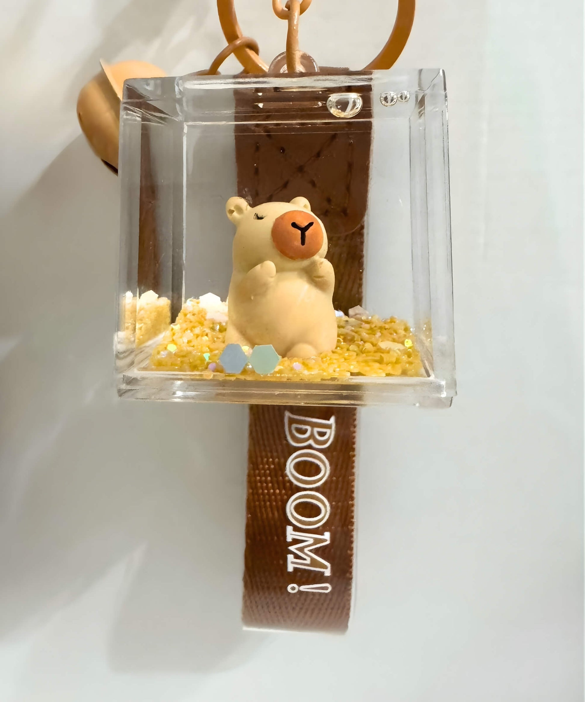 Capybara style liquid shaker keychain with hugging character inside acrylic cube
