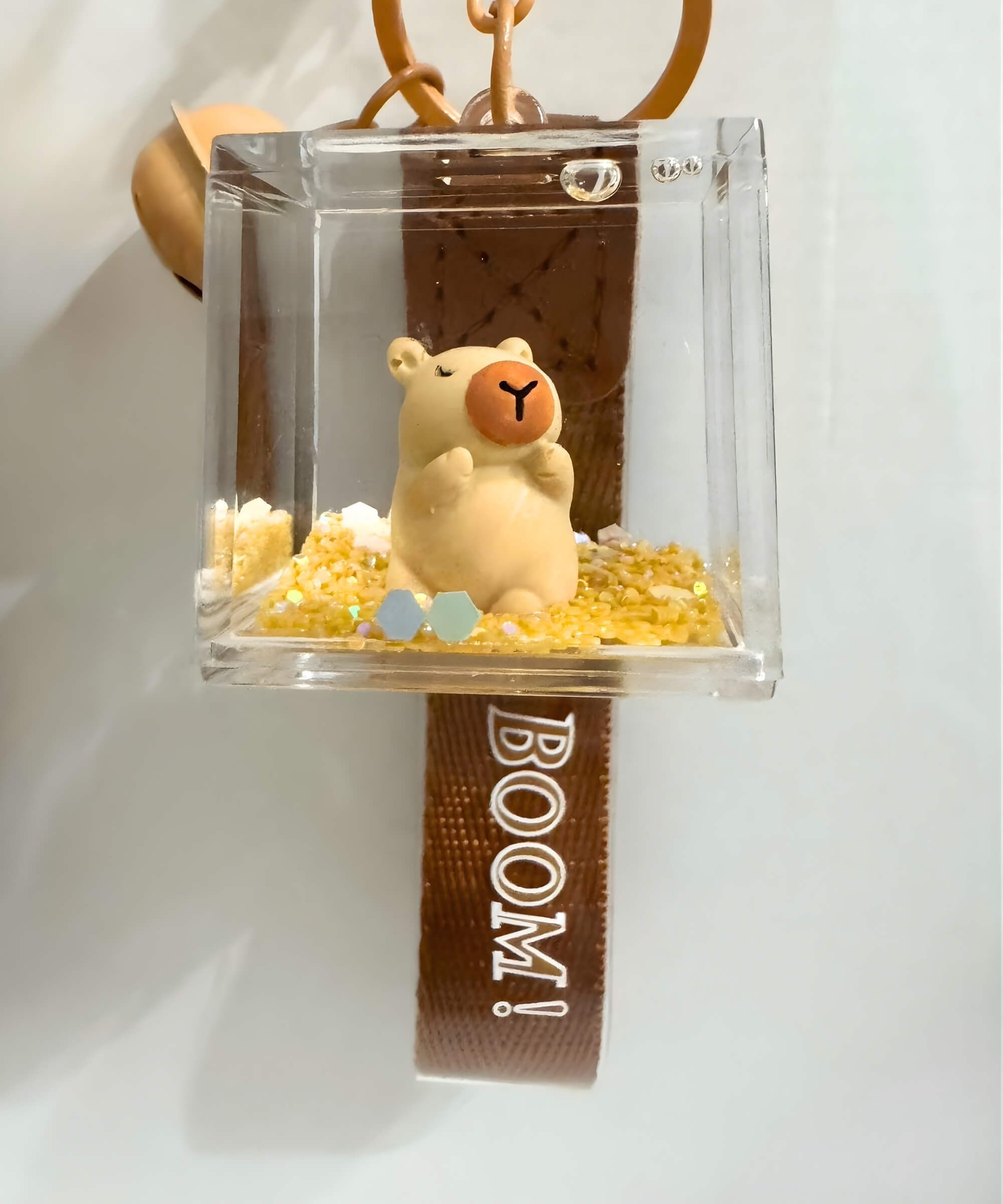 Capybara style liquid shaker keychain with hugging character inside acrylic cube