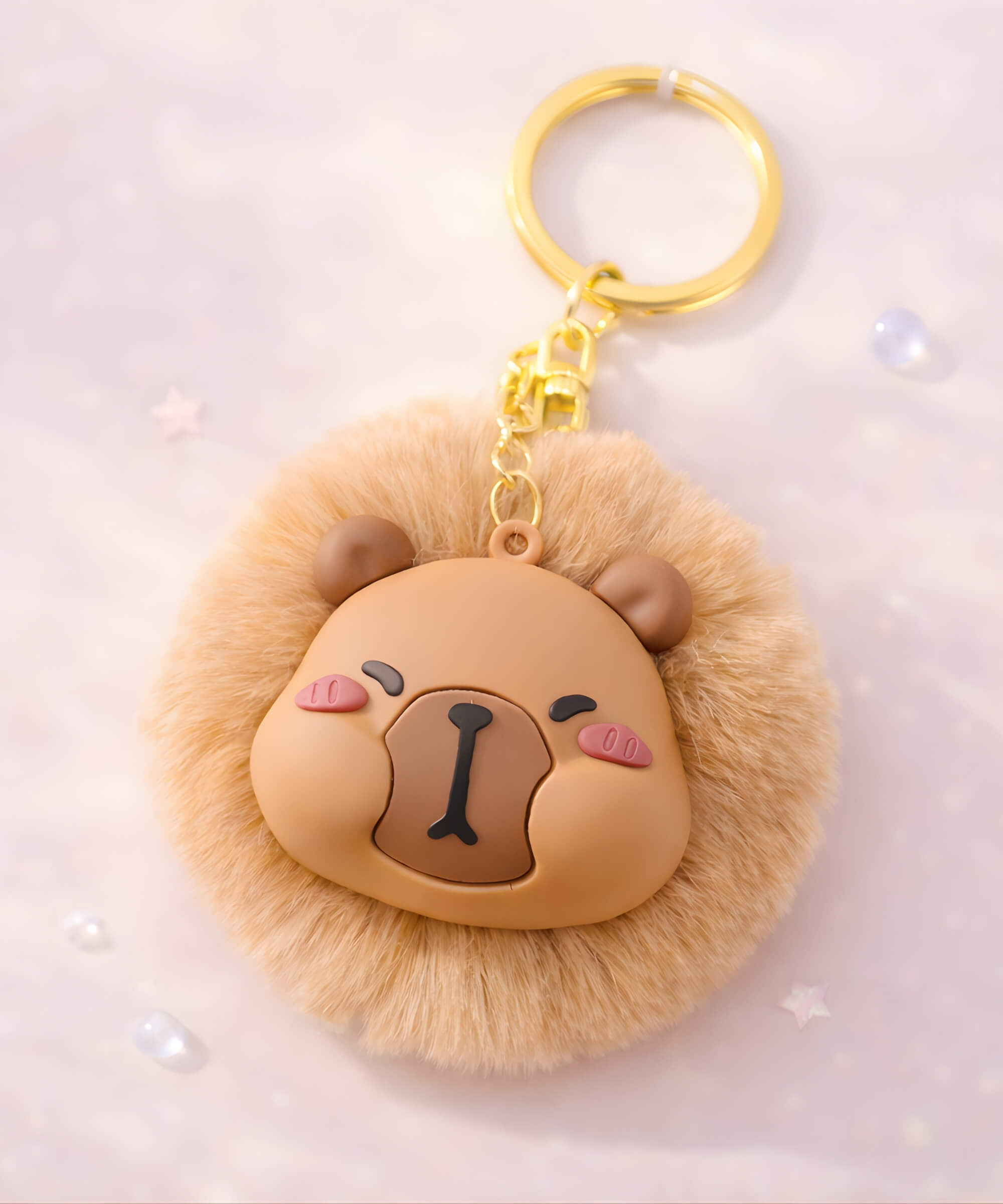 Charmazing capybara lion keychain with fluffy texture and soft pastel background, showcasing cute details and dreamy aesthetic