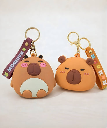 Capybara silicone coin purse keychain featuring sitting and classic styles, cute mini wallet bag charm