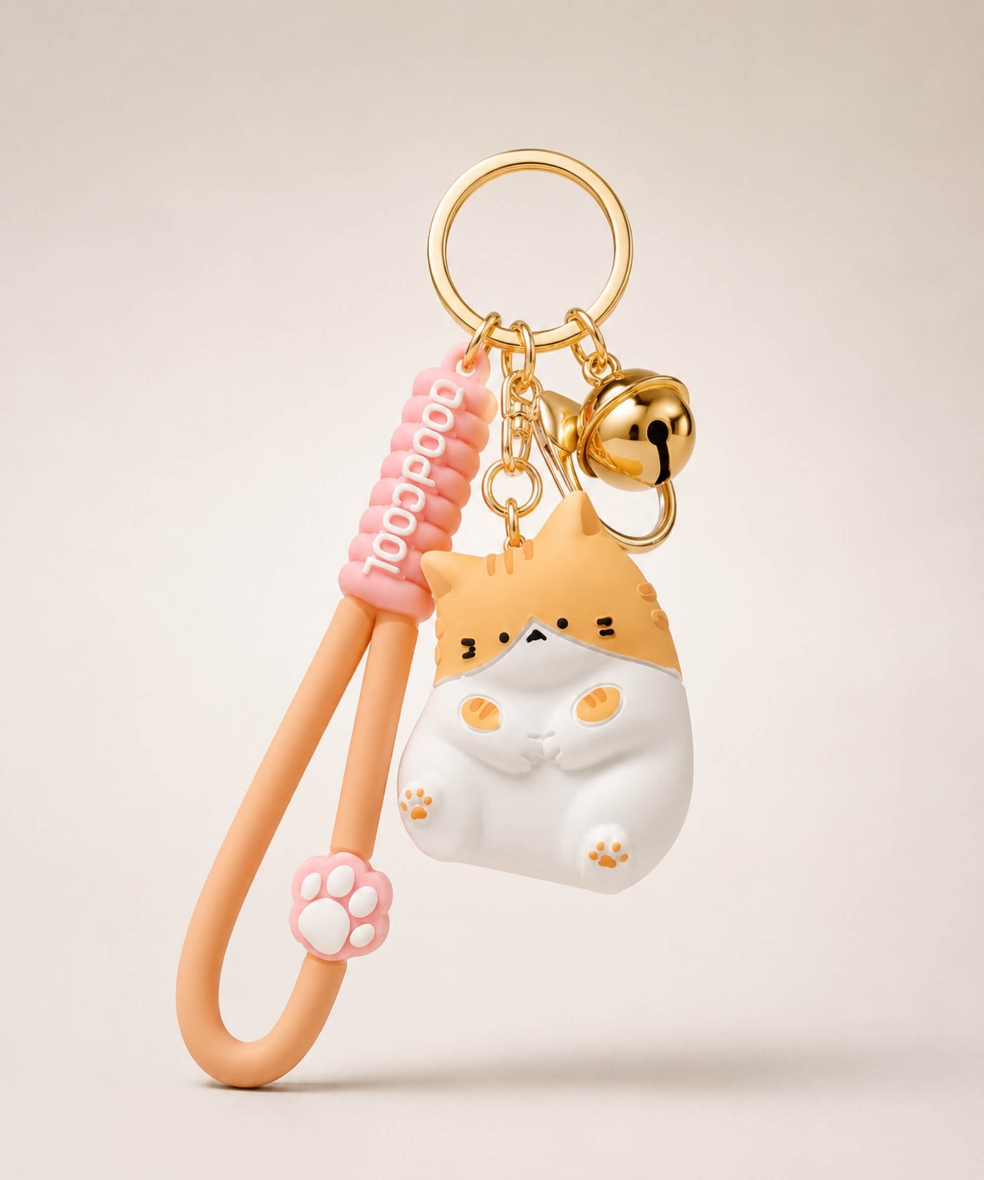 Orange chubby cat resin keychain on a neutral background.