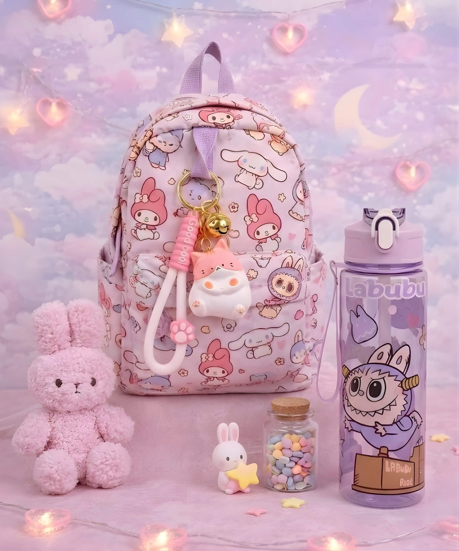Pink chubby cat resin keychain styled on a pastel backpack in a cute lifestyle scene.