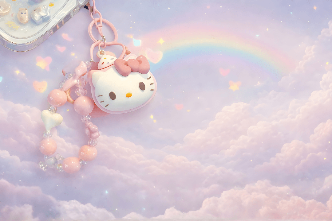 Pastel phone charm keychain on phone case with soft rainbow cloud background – Charmazing mobile contact banner
