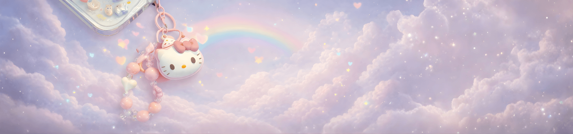 Cute phone charm keychain attached to phone case with pastel rainbow cloud background – Charmazing contact banner