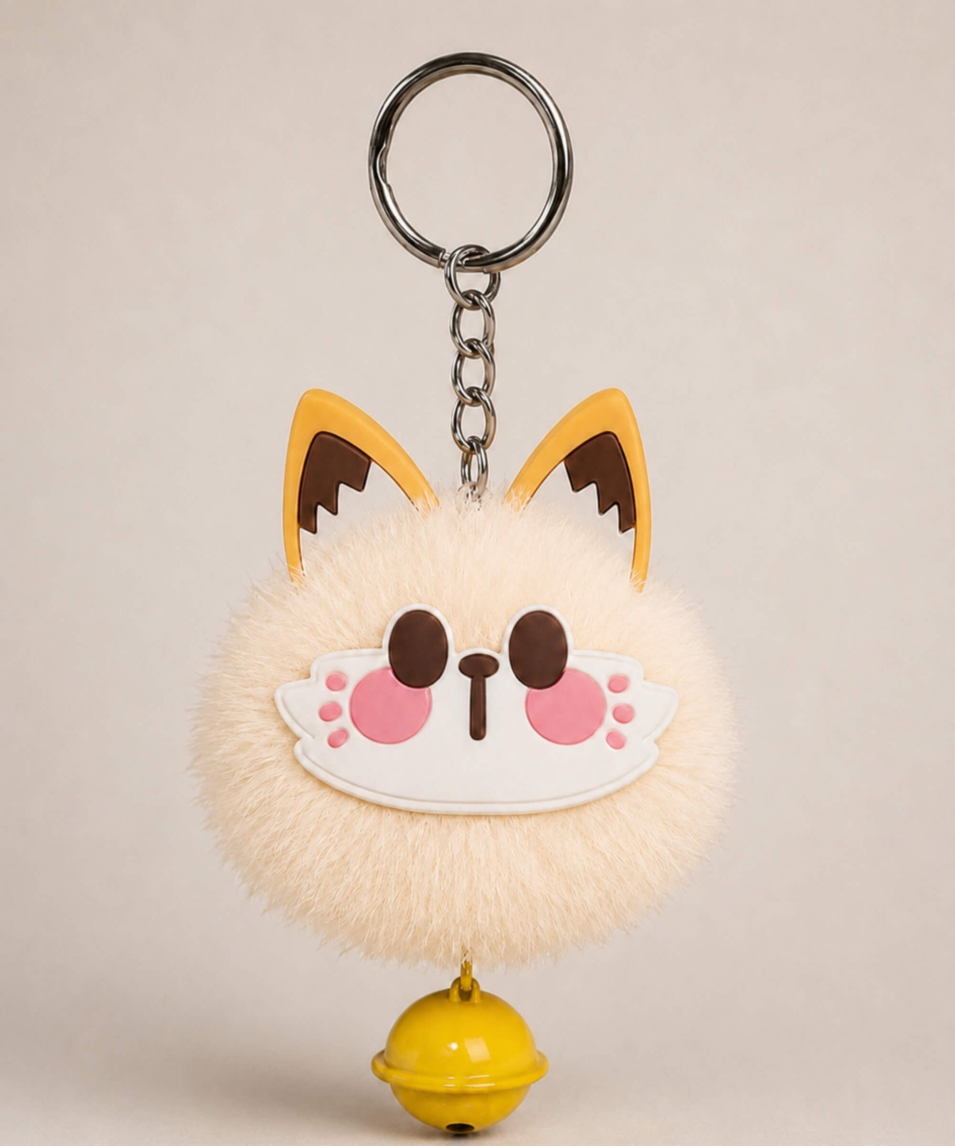 Cream lucky cat bell plush keychain with fluffy cat face charm and yellow bell