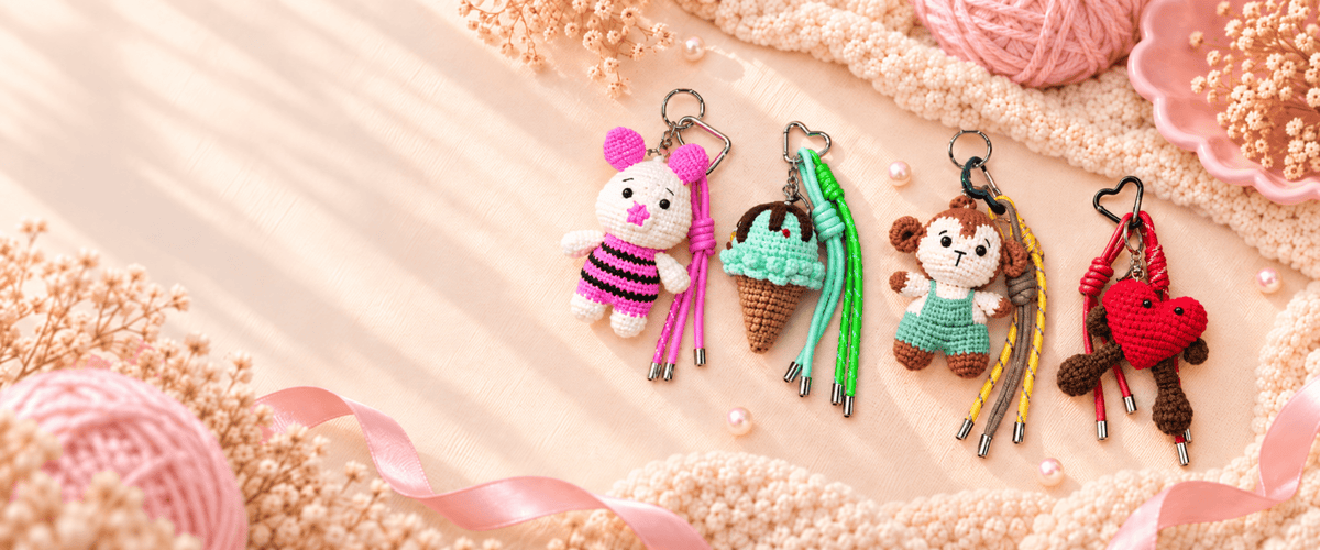 Charmazing crochet keychains displayed with yarn, ribbon and soft cream pink styling in a handmade crochet collection banner