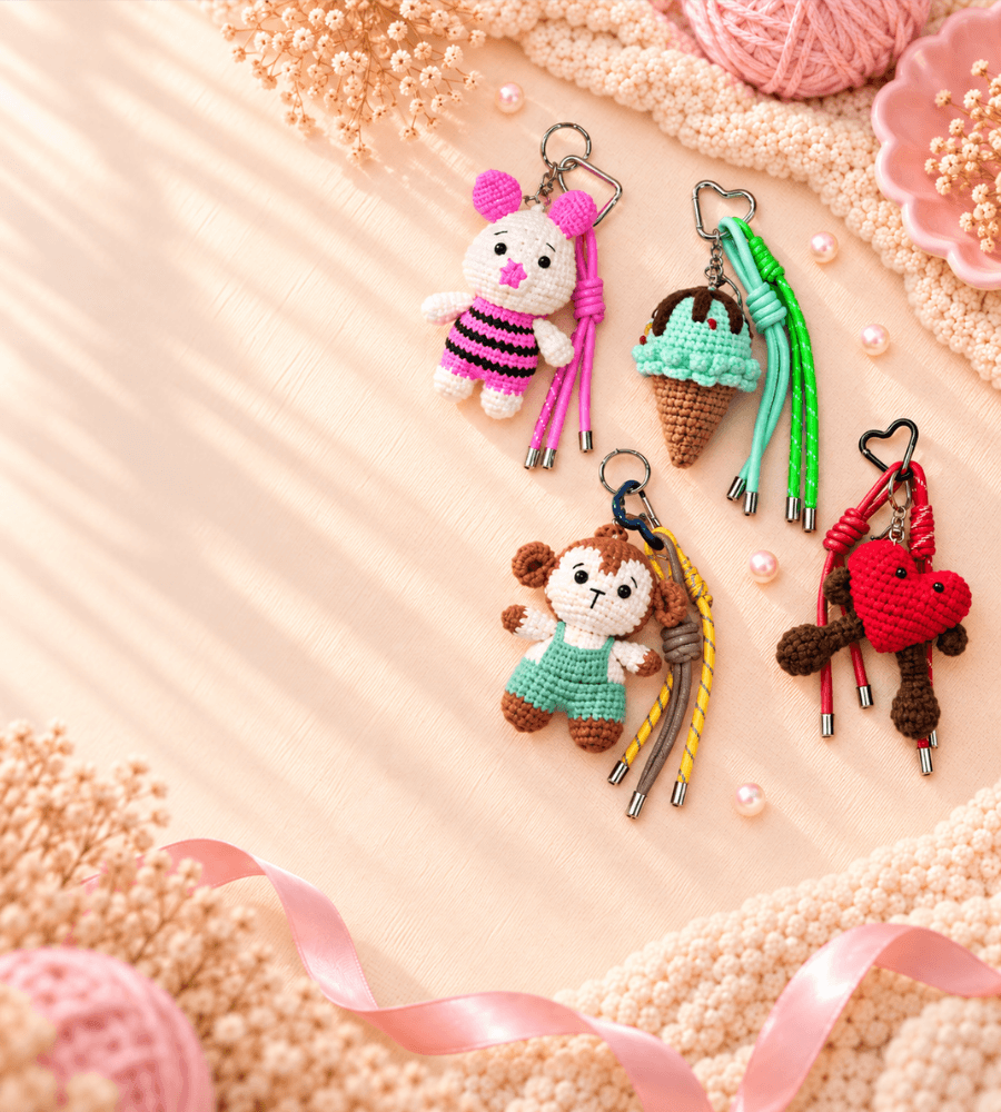 Charmazing crochet keychains arranged on a warm cream background with yarn, ribbon and soft handmade styling
