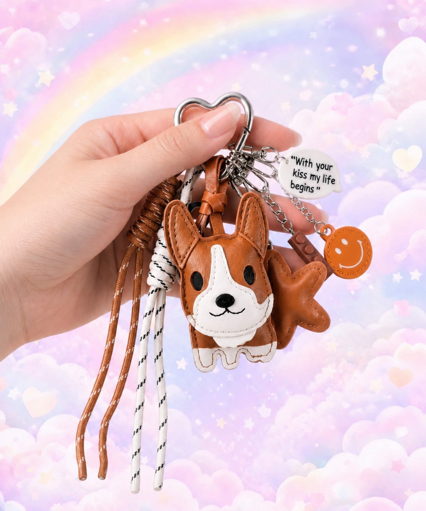Brown Cute Corgi PU leather bag charm keychain held in hand against a pastel rainbow cloud background.