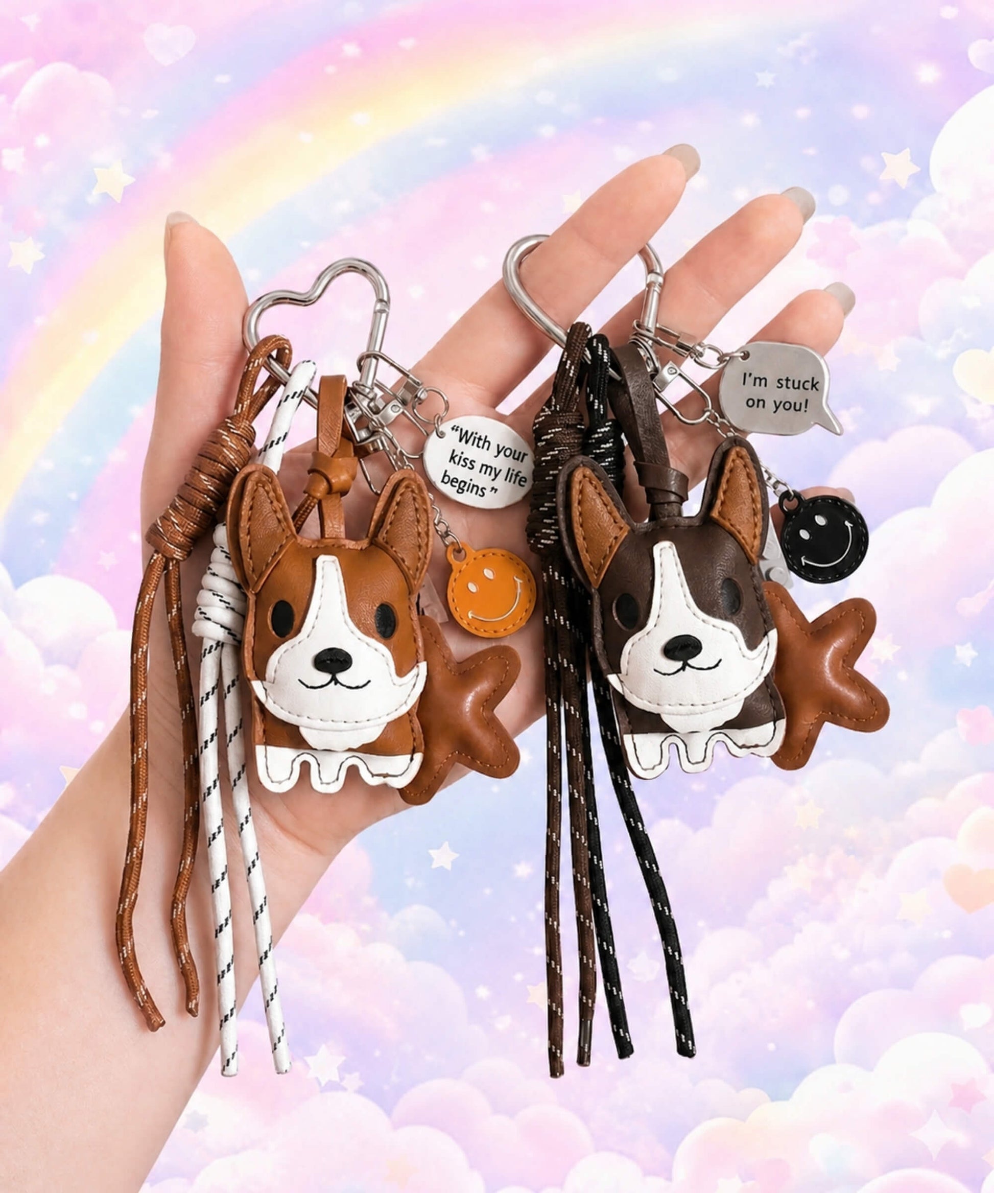 CHARMAZING Cute Corgi PU leather bag charm keychains in brown and dark brown, held in hand against a pastel rainbow background.