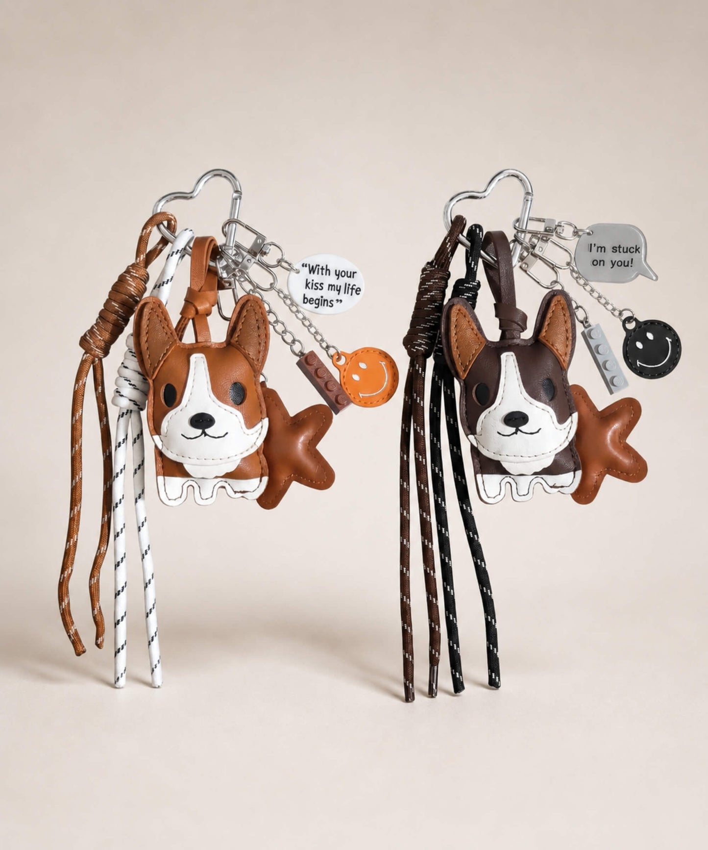 Cute Corgi faux leather bag charm keychains in brown and dark brown on a clean neutral background.