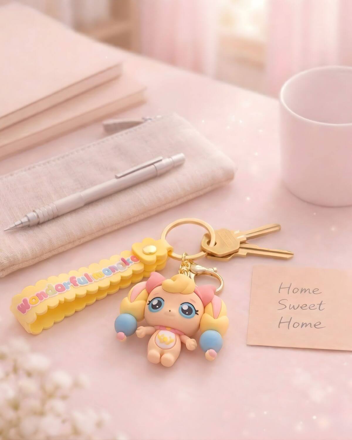 Cute pastel keychain with keys on a soft pink surface capturing a warm everyday moment