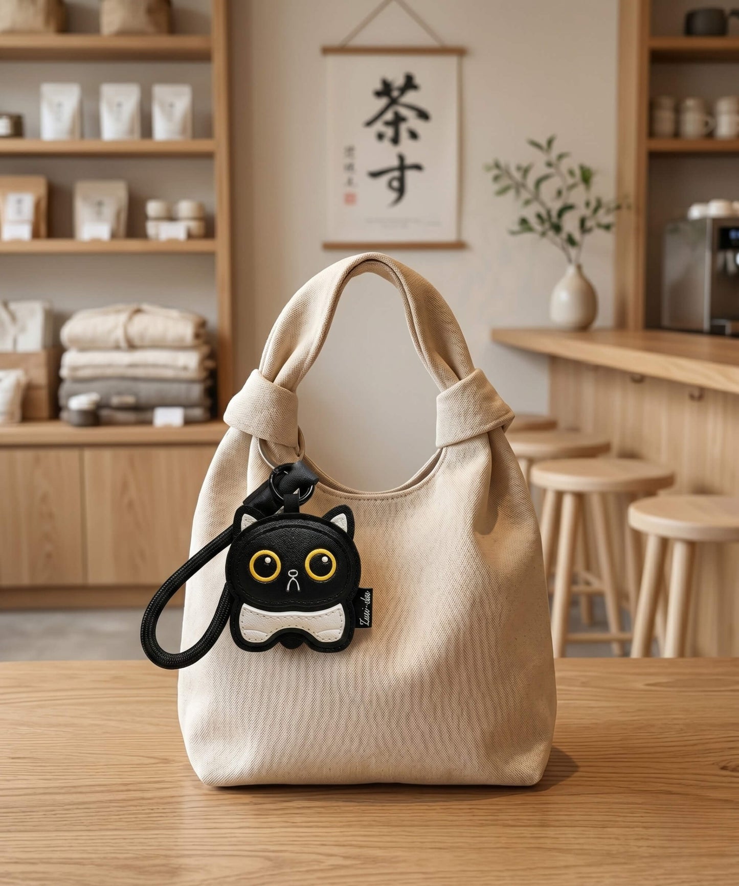 Cute Kitty PU leather bag charm in black attached to a beige tote bag in a cosy lifestyle setting.